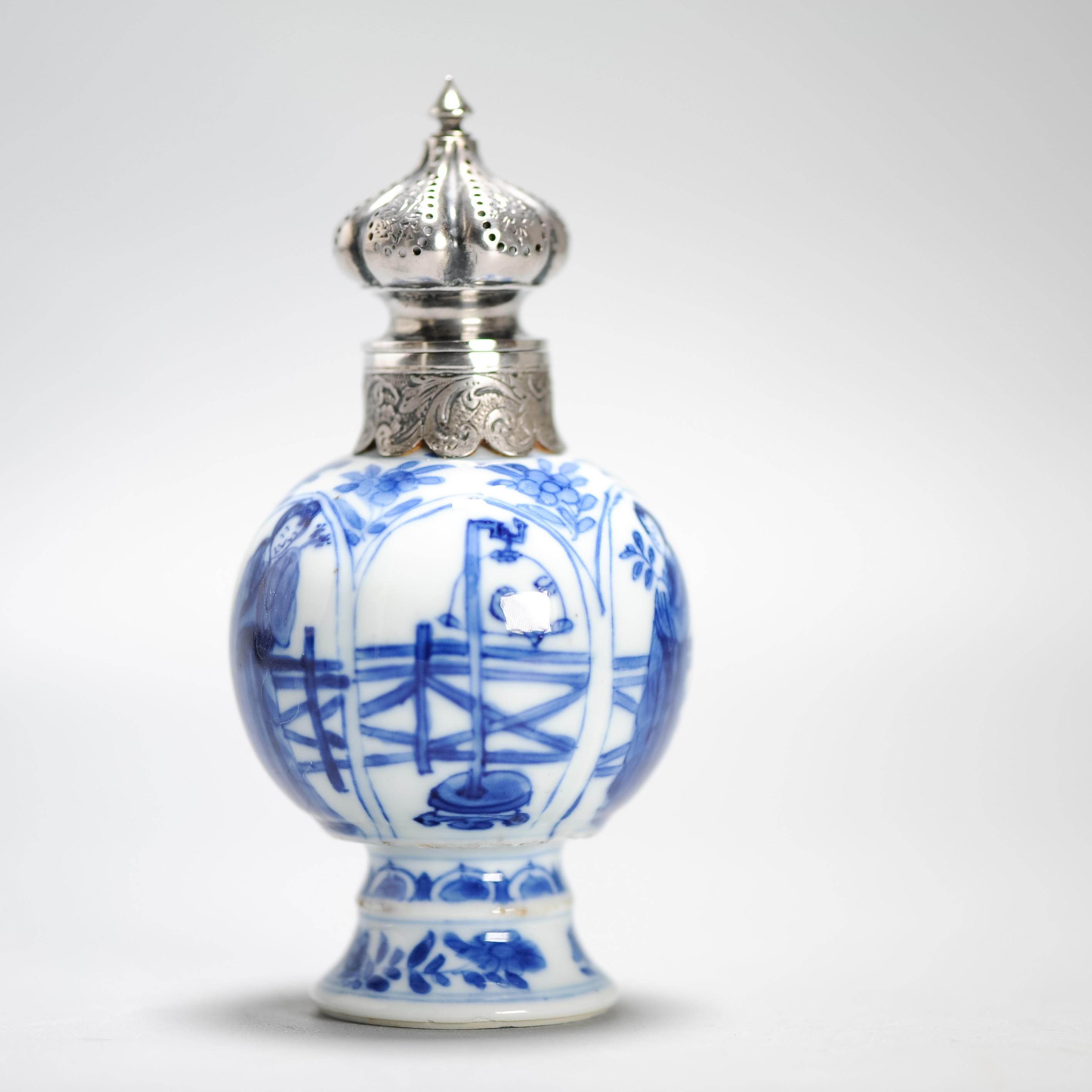 18th Century and Earlier Antique Kangxi Period Chinese porcelain Tea Caddy Silver Mount Elegant Ladies