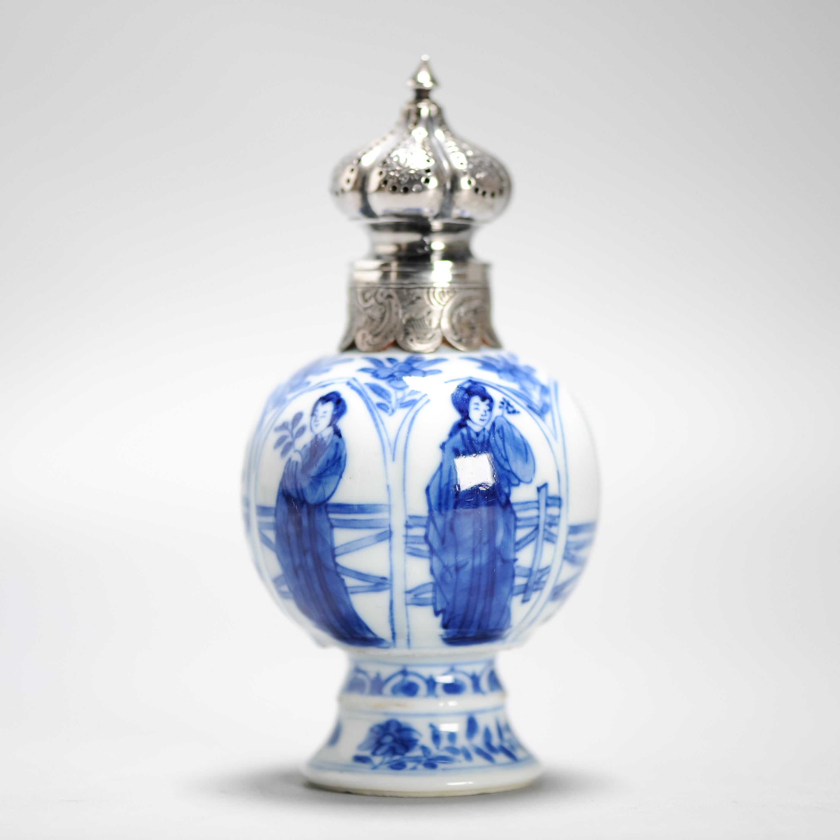 Antique Kangxi Period Chinese porcelain Tea Caddy Silver Mount Elegant Ladies 2