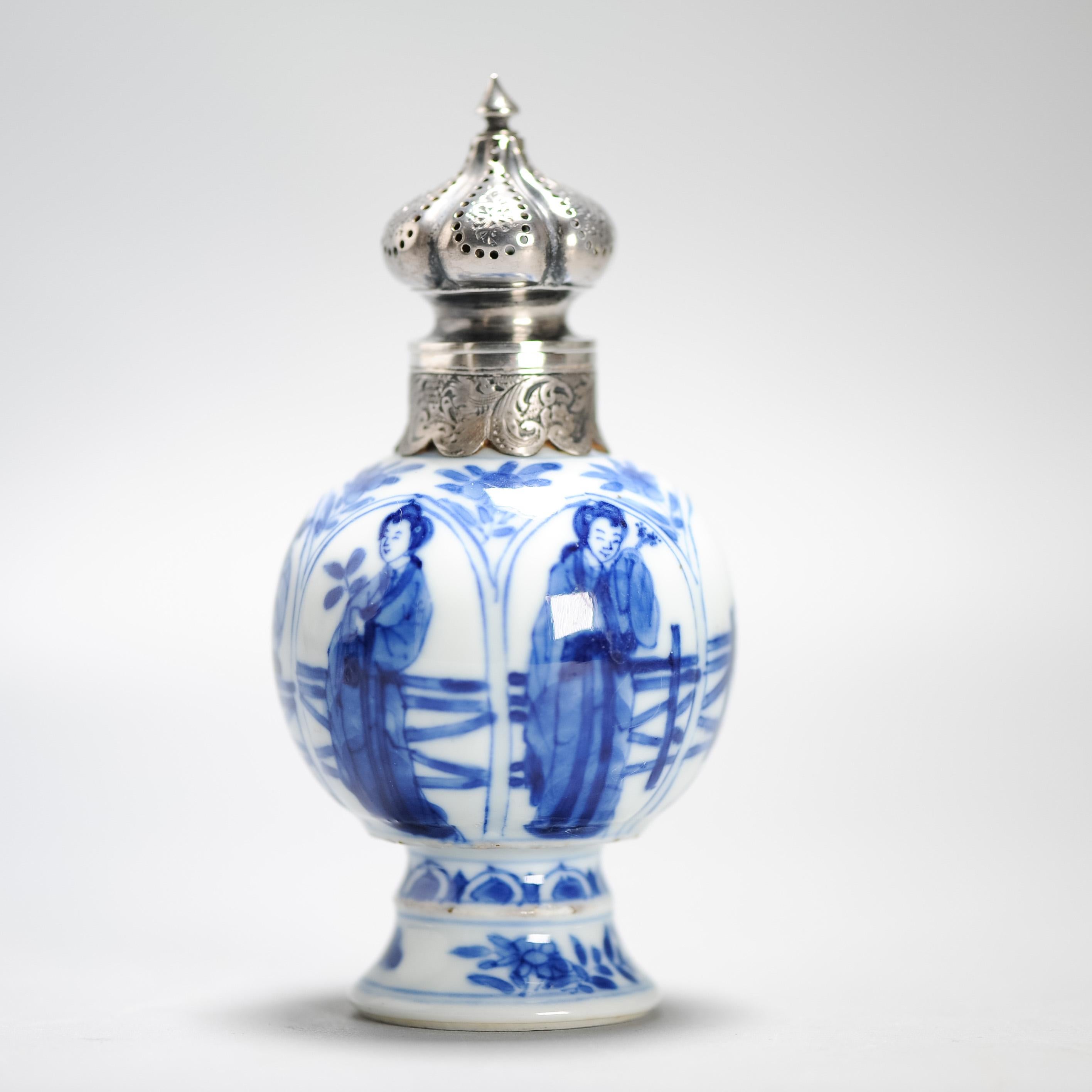 Antique Kangxi Period Chinese porcelain Tea Caddy Silver Mount Elegant Ladies 3