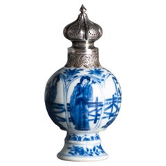 Antique Kangxi Period Chinese porcelain Tea Caddy Silver Mount Elegant Ladies