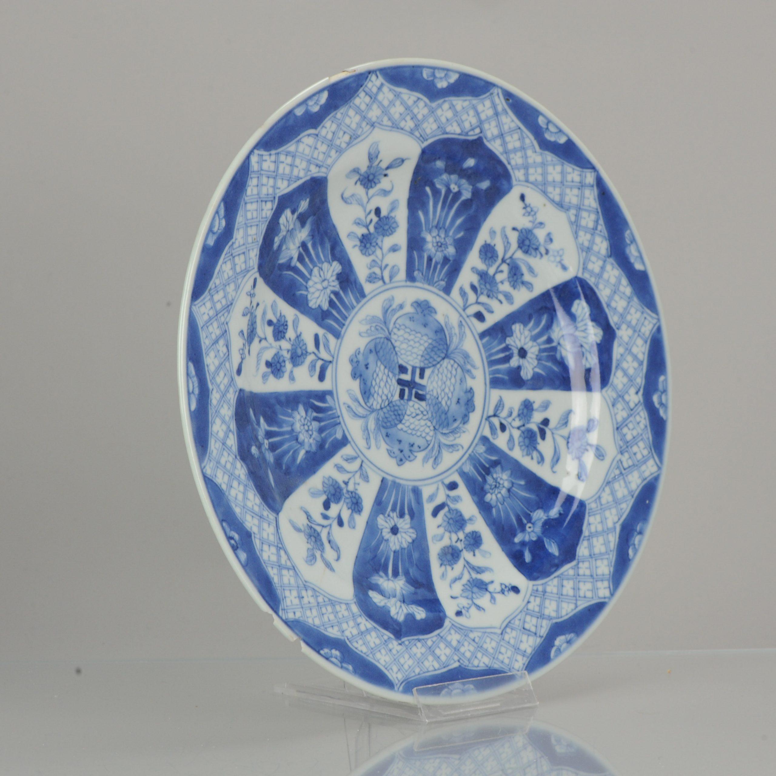 Chinese Antique Kangxi Period Cobalt Blue Flower Compartment Plate Pomegranate For Sale