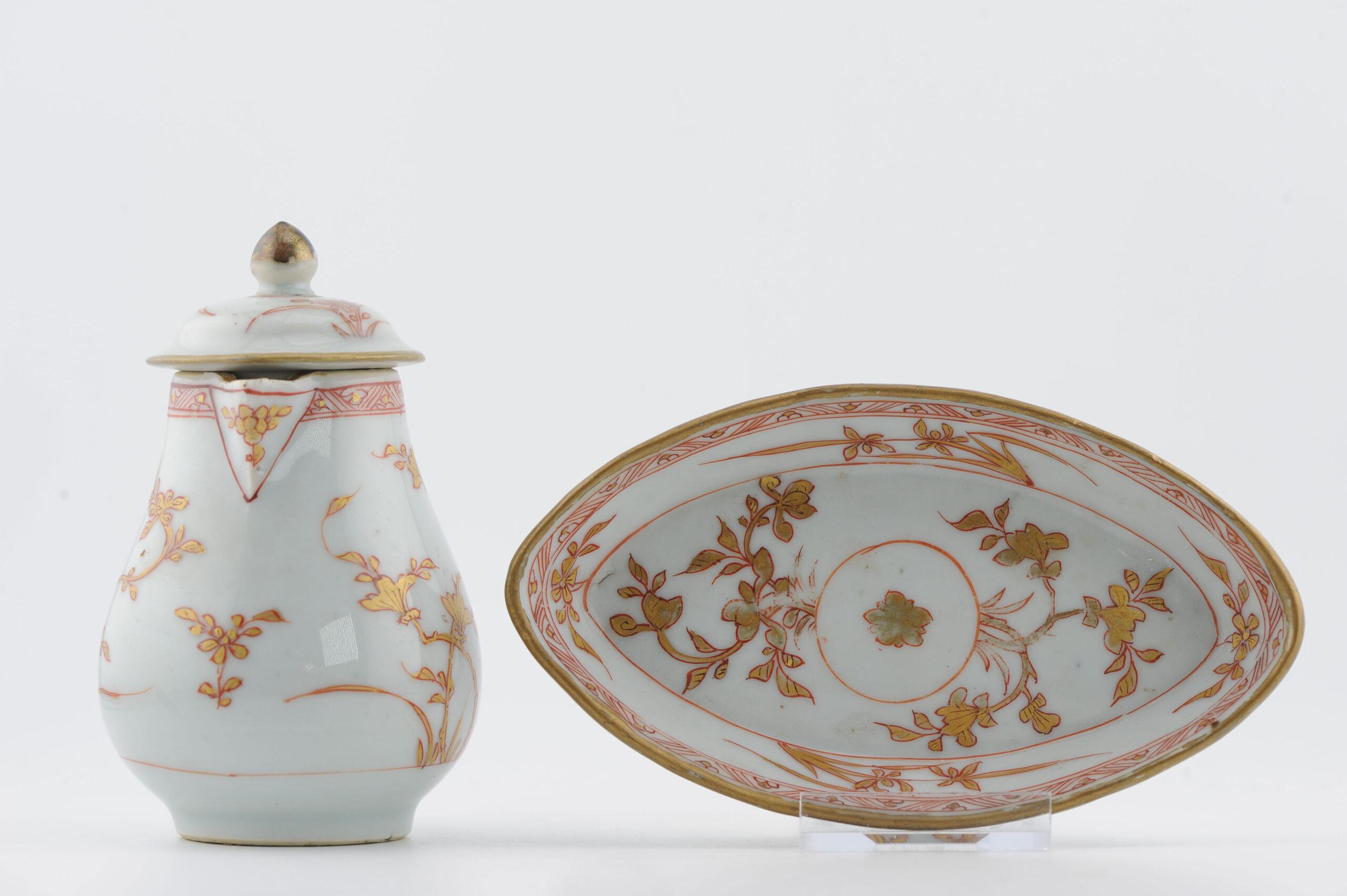 Antica lattiera da tè del periodo Kangxi e piatto Pattipan Sangue e Latte Cina in vendita 1