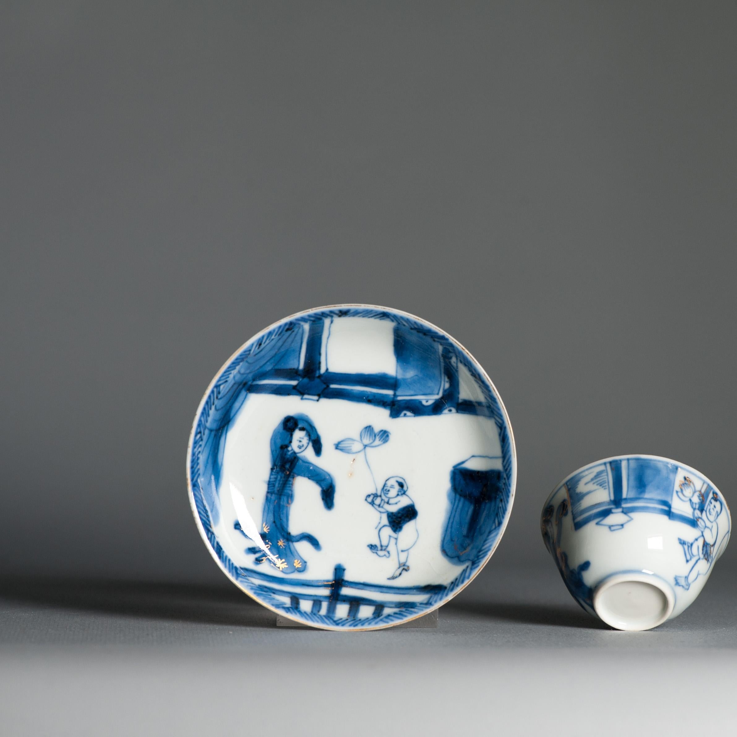 Antico set da tè in porcellana cinese del periodo Kangxi a vaso sottile Pagode figurata in vendita 3