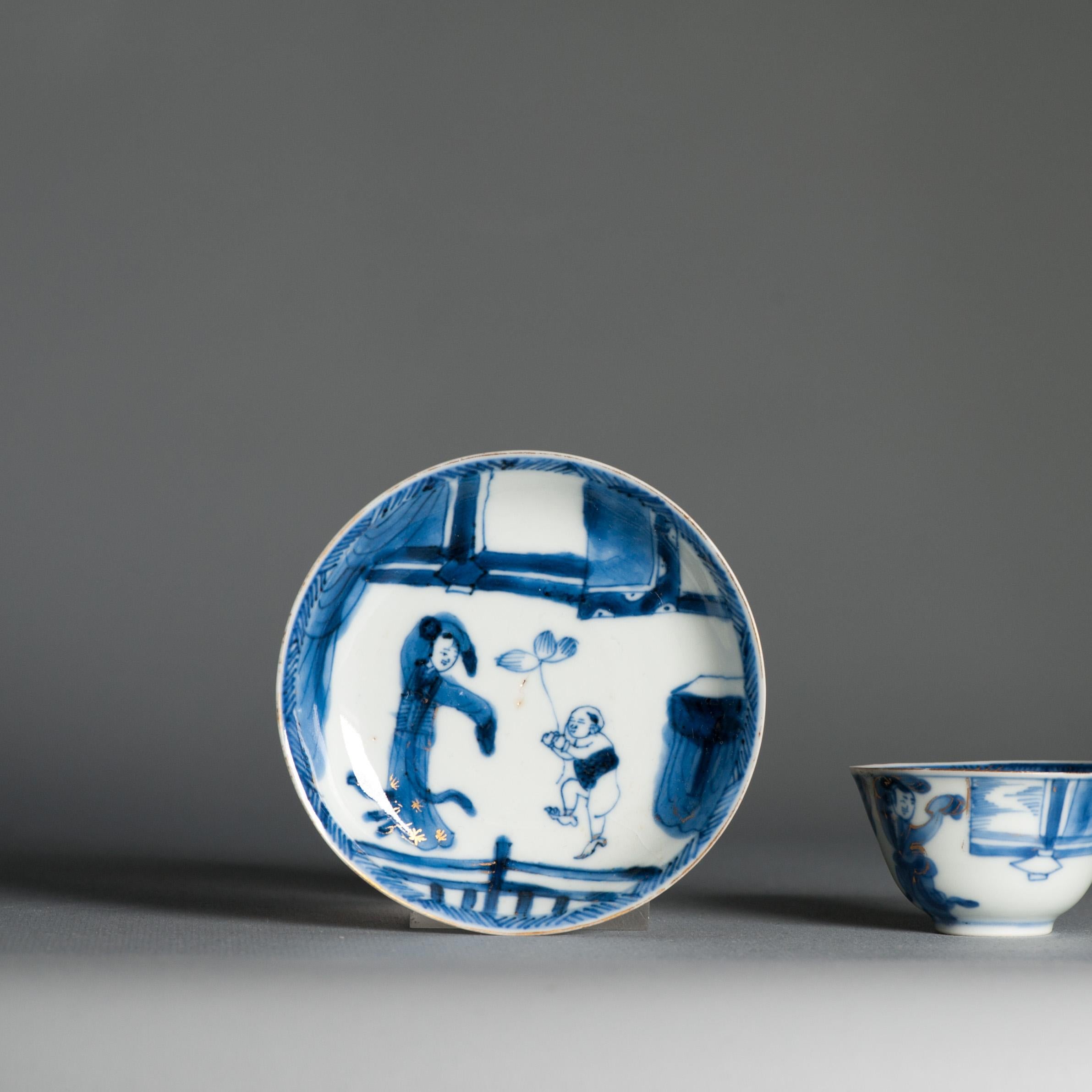 Antico set da tè in porcellana cinese del periodo Kangxi a vaso sottile Pagode figurata In condizioni buone in vendita a Amsterdam, Noord Holland