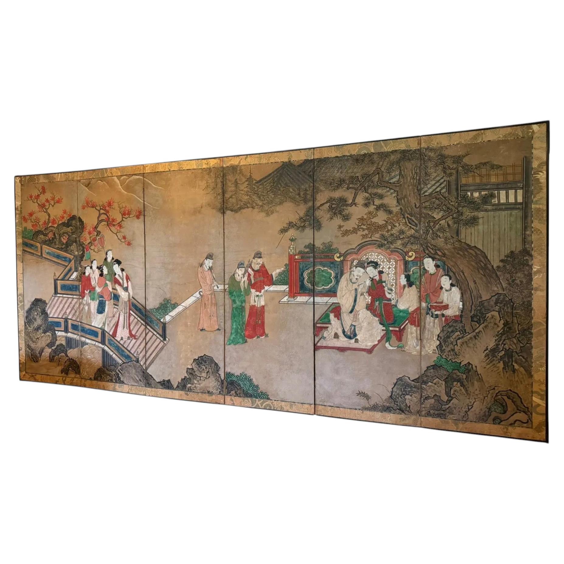Antique Kano School Edo Period 6 Panel Chinoiserie Screen For Sale