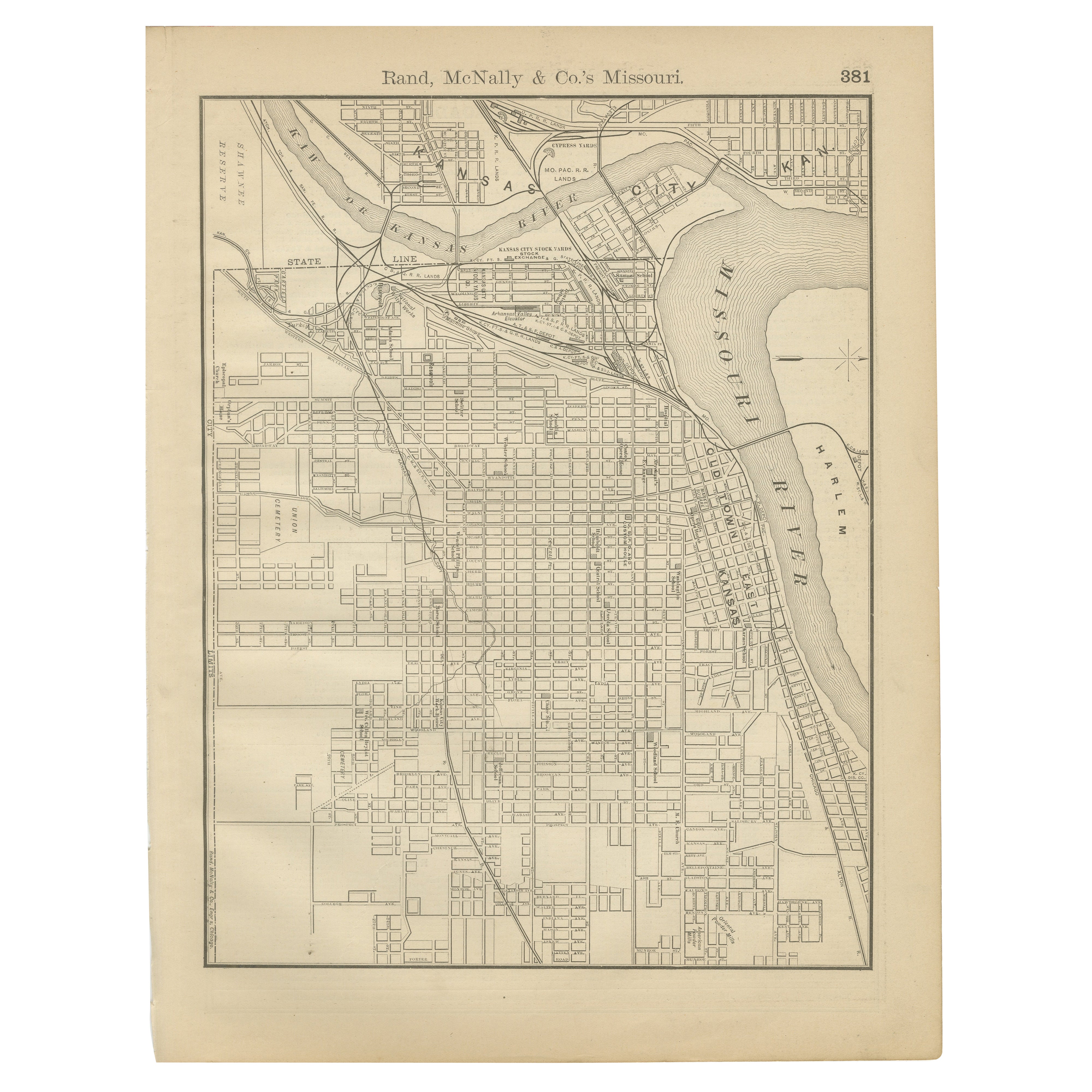 Antique Kansas City Map Wall Art – Missouri–Kansas Border, Rand McNally, ca.1888