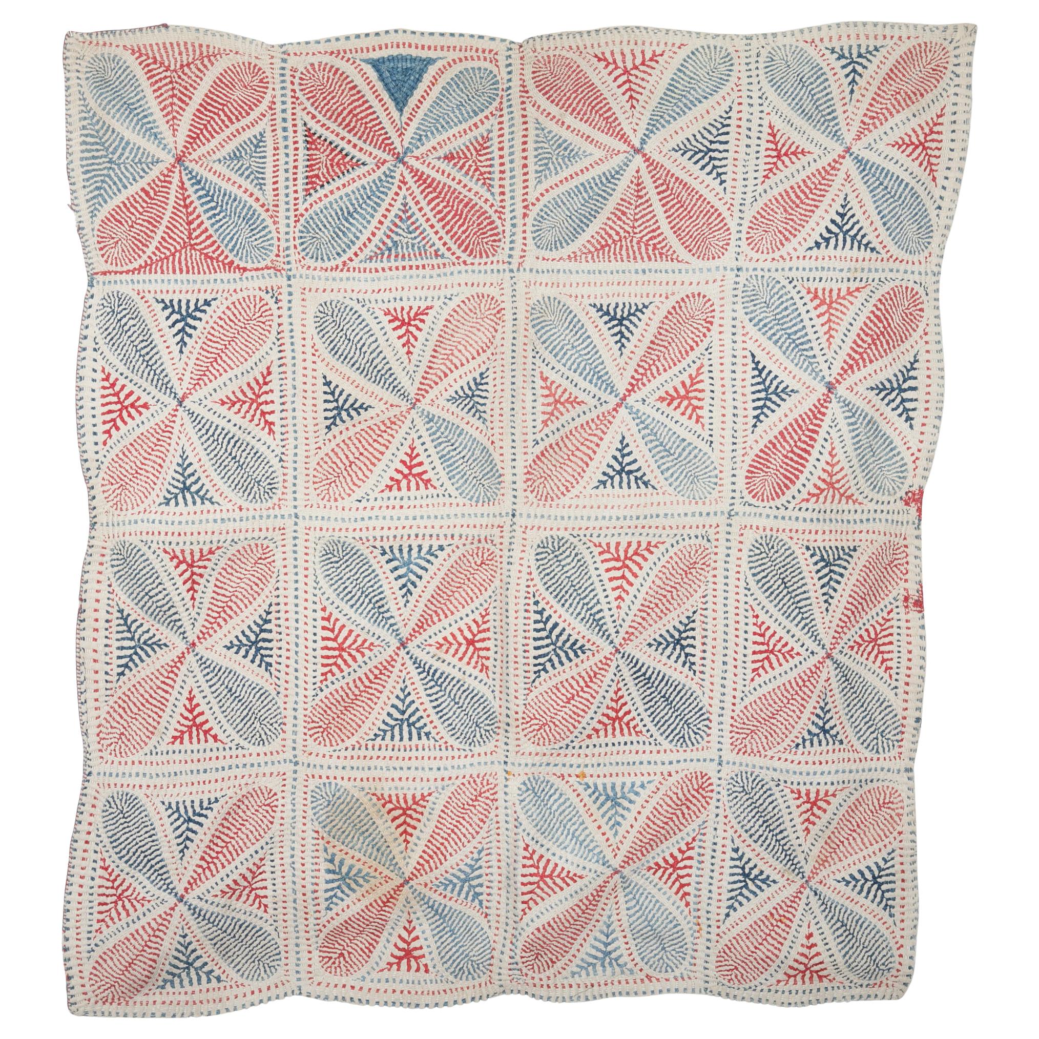 Antique Kantha Embroidered and Quilted Coverlet, Early 20th Century