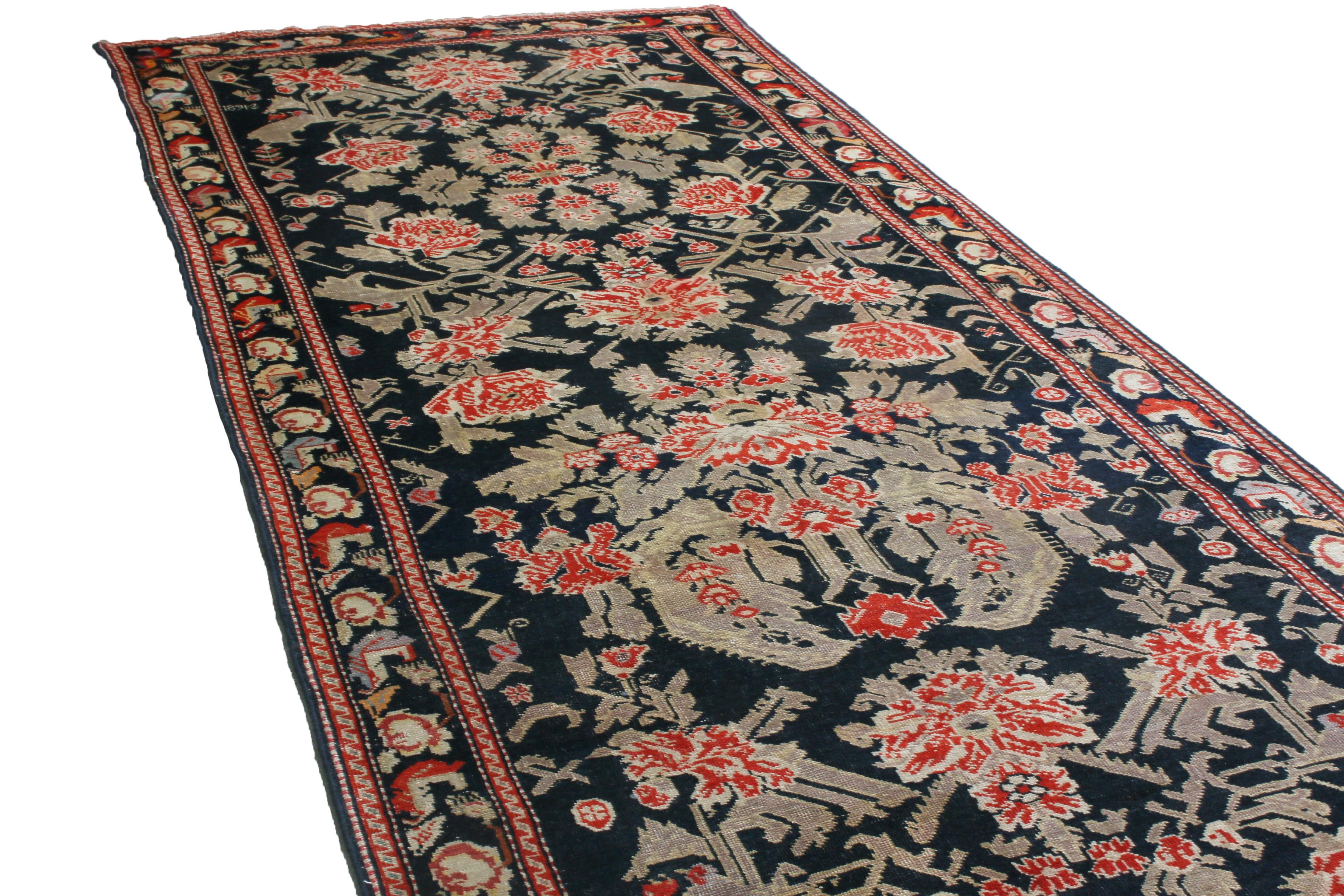 Russian Antique Karabagh Black and Red Wool Floral Runner Floral Pattern by Rug & Kilim For Sale