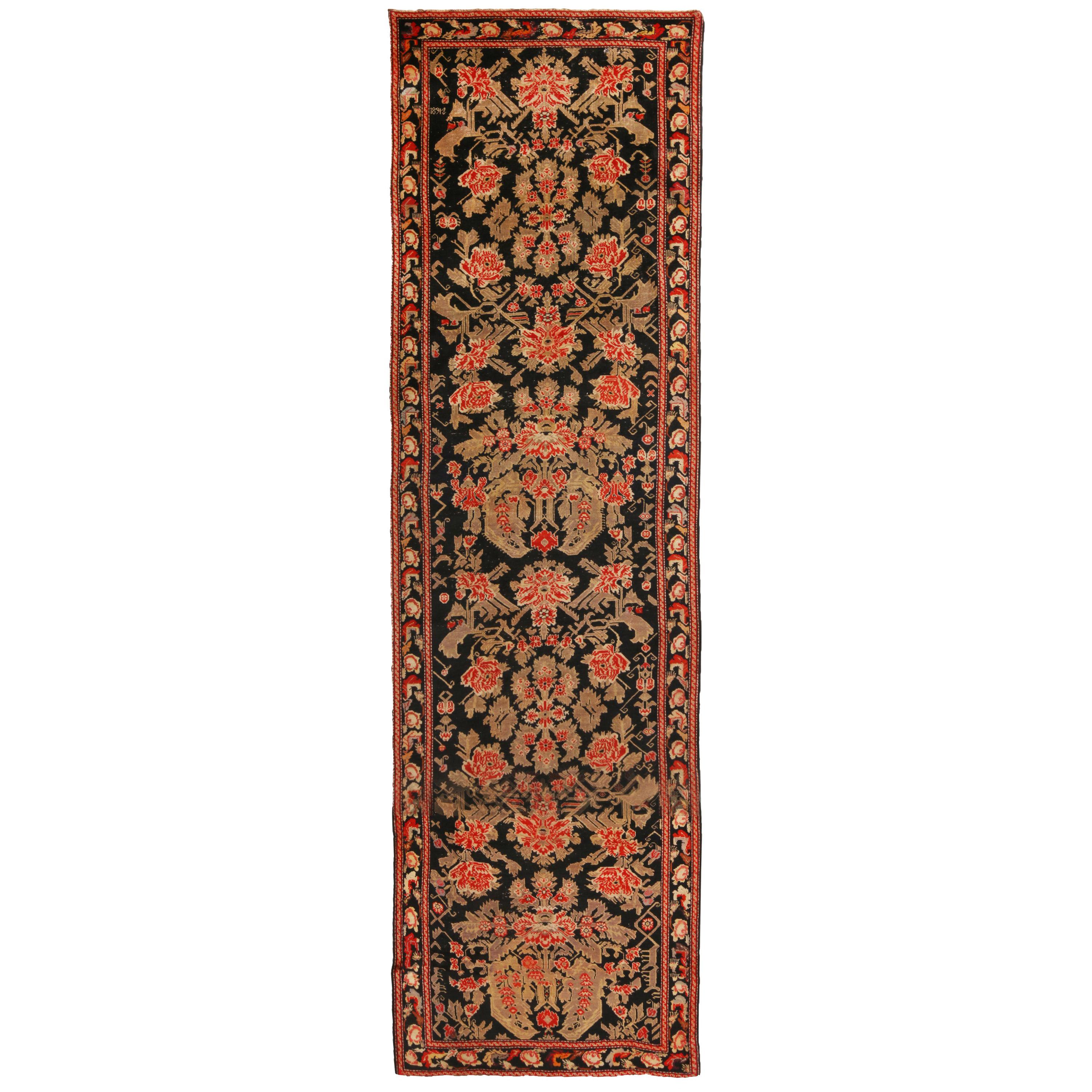 Antique Karabagh Black and Red Wool Floral Runner Floral Pattern by Rug & Kilim For Sale