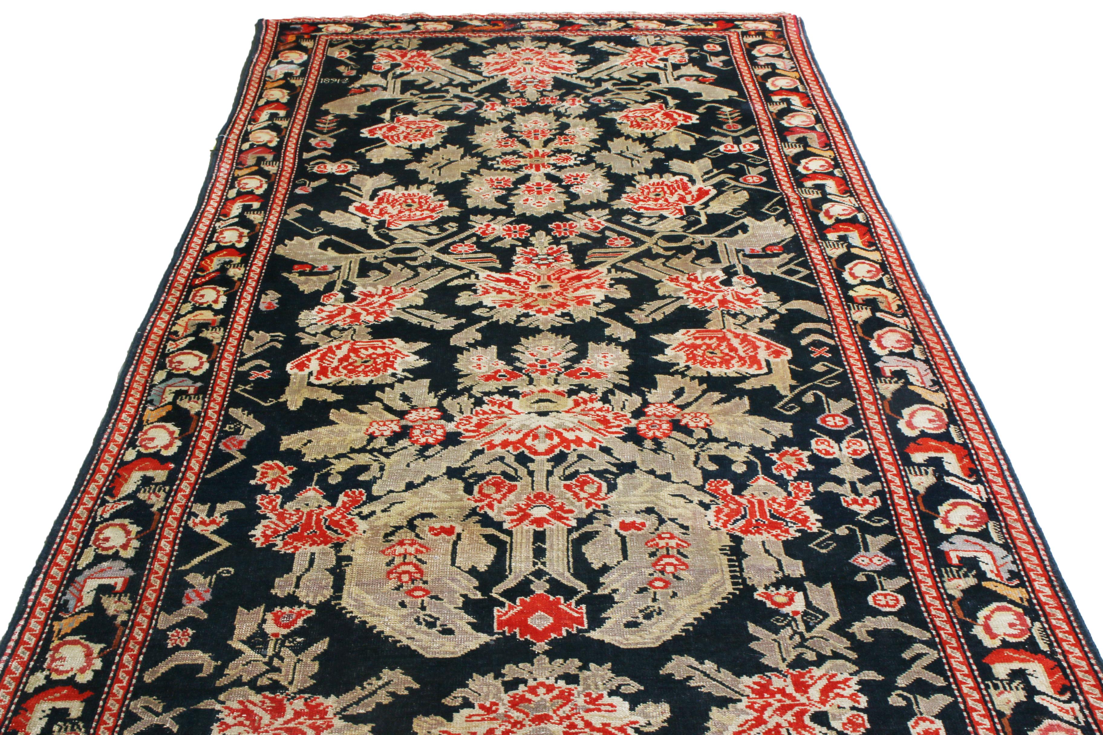 European Antique Karabagh Black and Red Wool Floral Runner