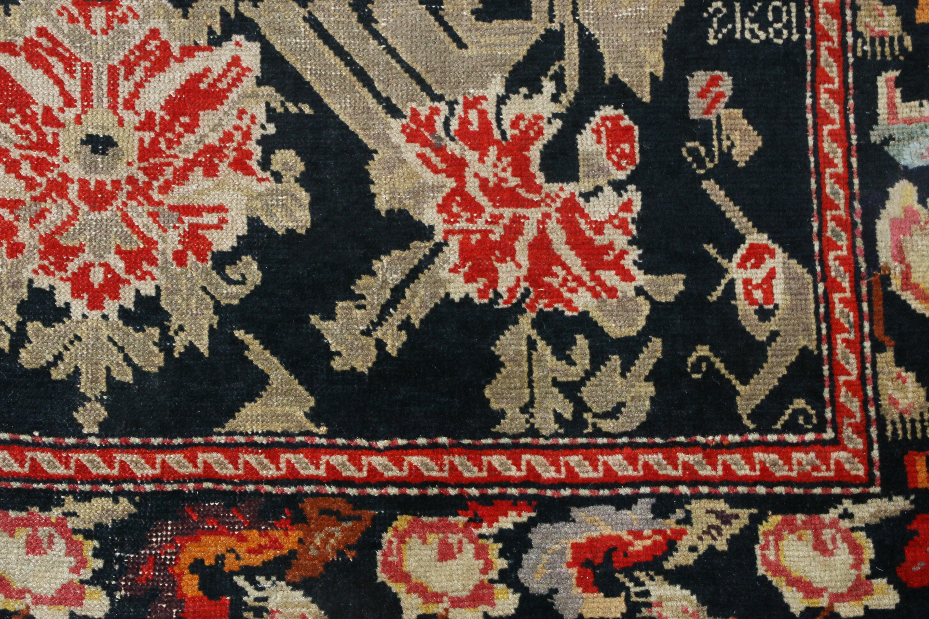 Early 20th Century Antique Karabagh Black and Red Wool Floral Runner