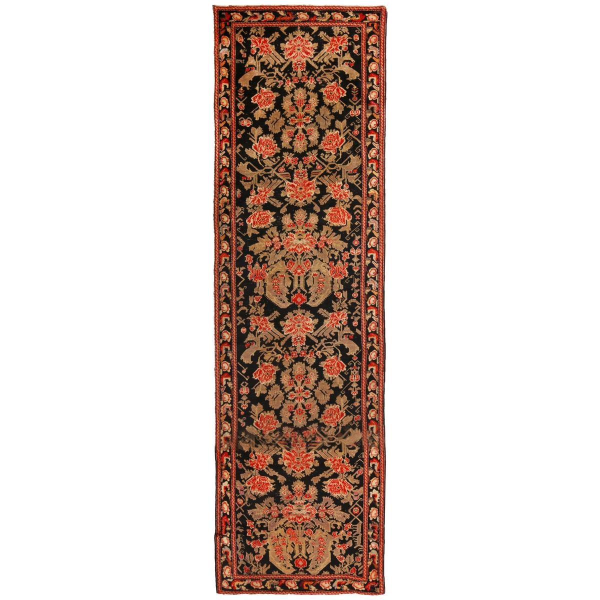 Antique Karabagh Black and Red Wool Floral Runner