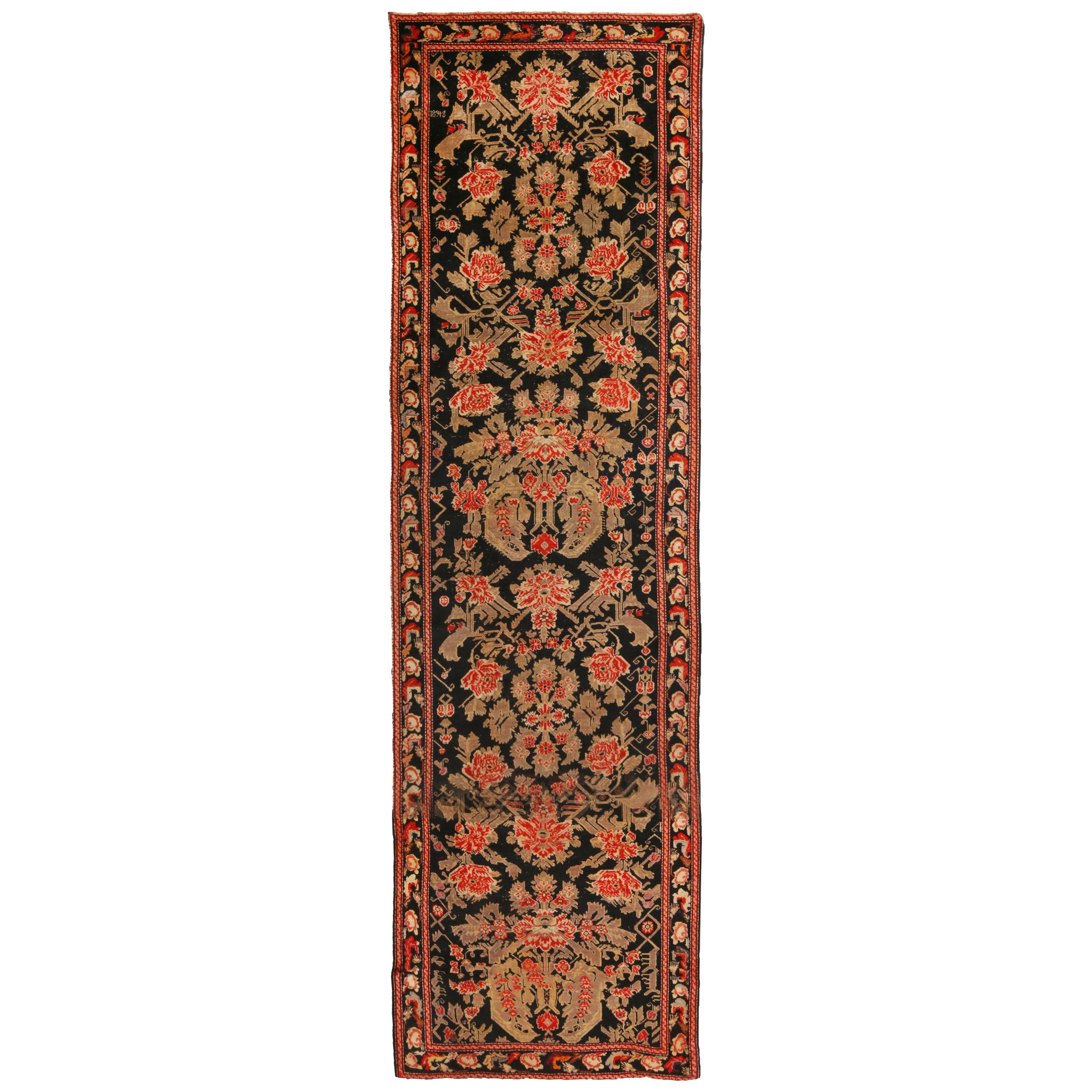 Antique Karabagh Black and Red Wool Floral Runner