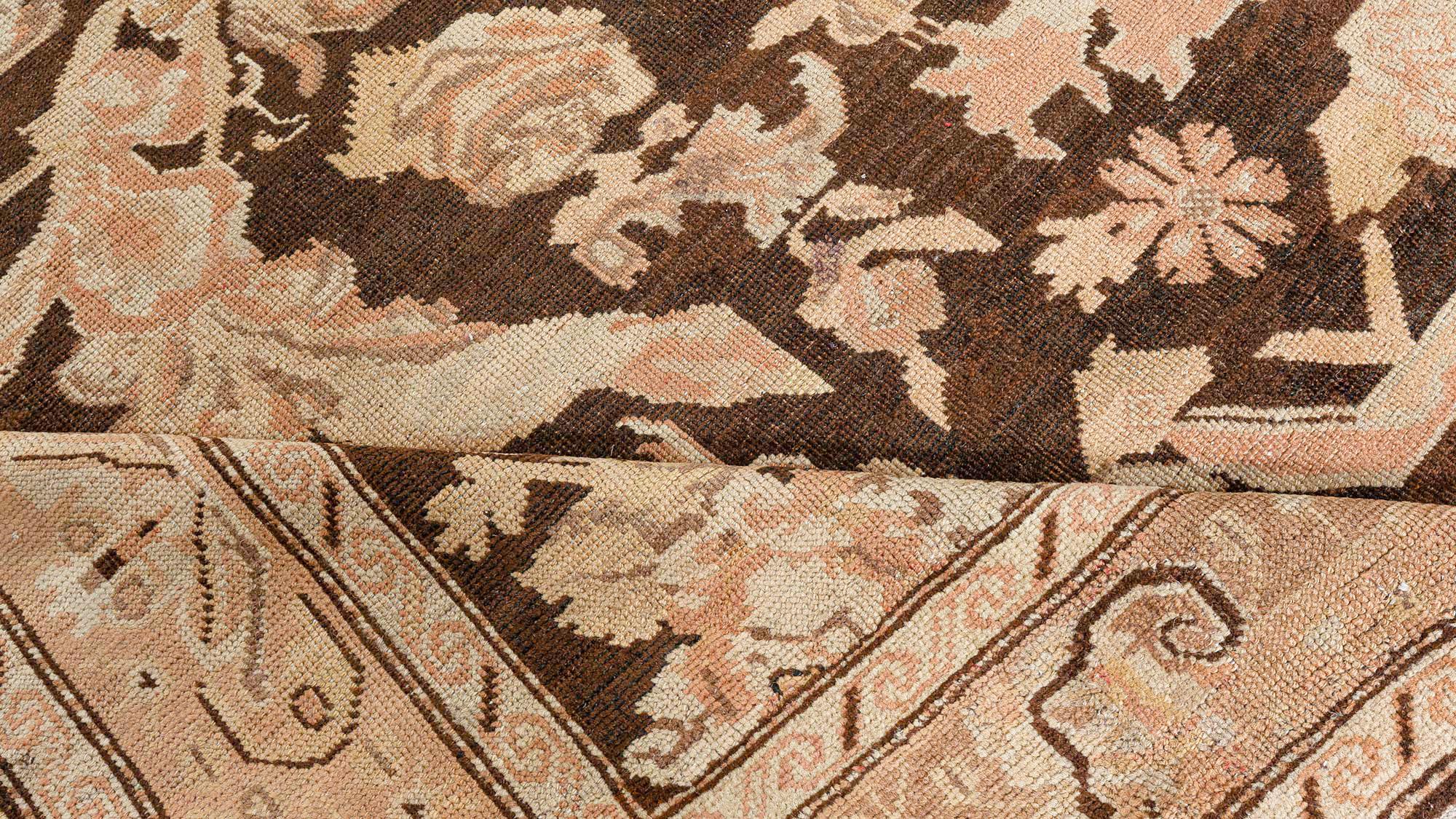 Hand-Knotted Antique Karabagh Botanic Brown Handmade Wool Carpet For Sale