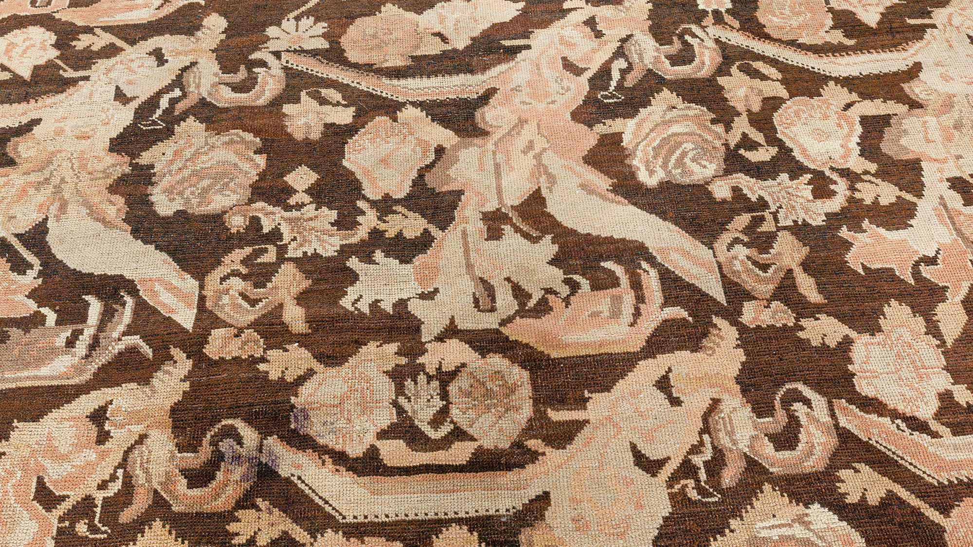 20th Century Antique Karabagh Botanic Brown Handmade Wool Carpet For Sale