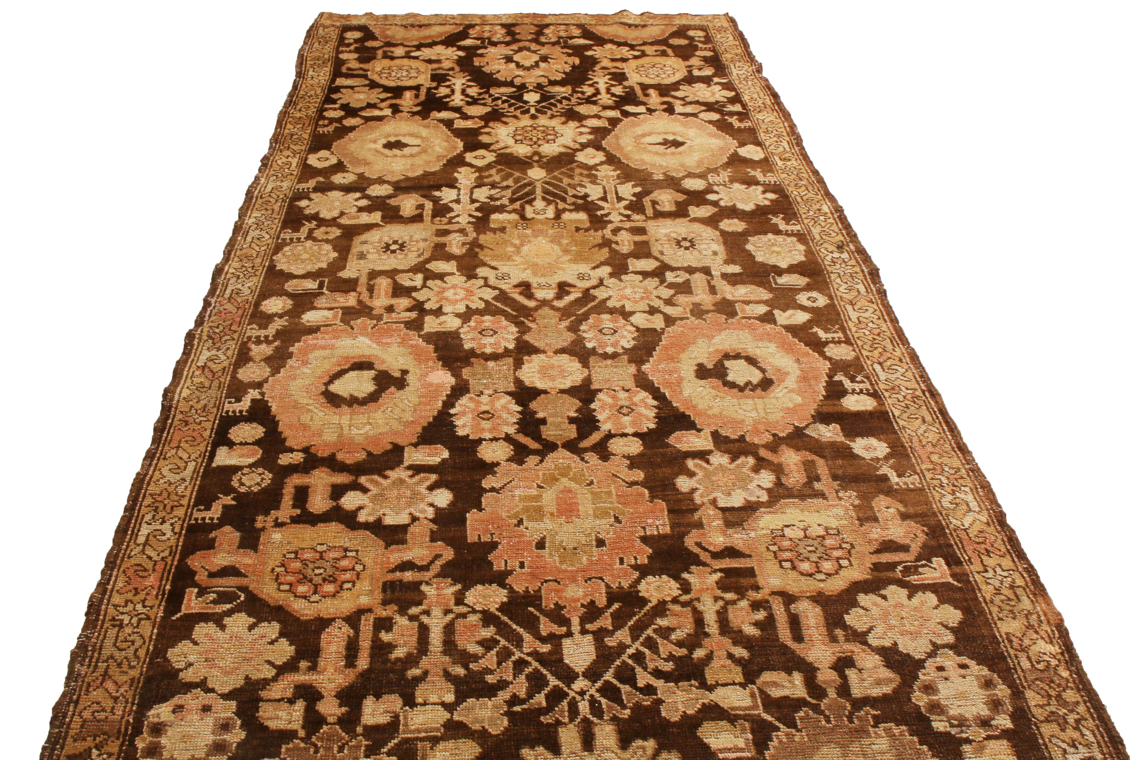 European Antique Karabagh Brown and Beige Geometric-Floral Wool Runner