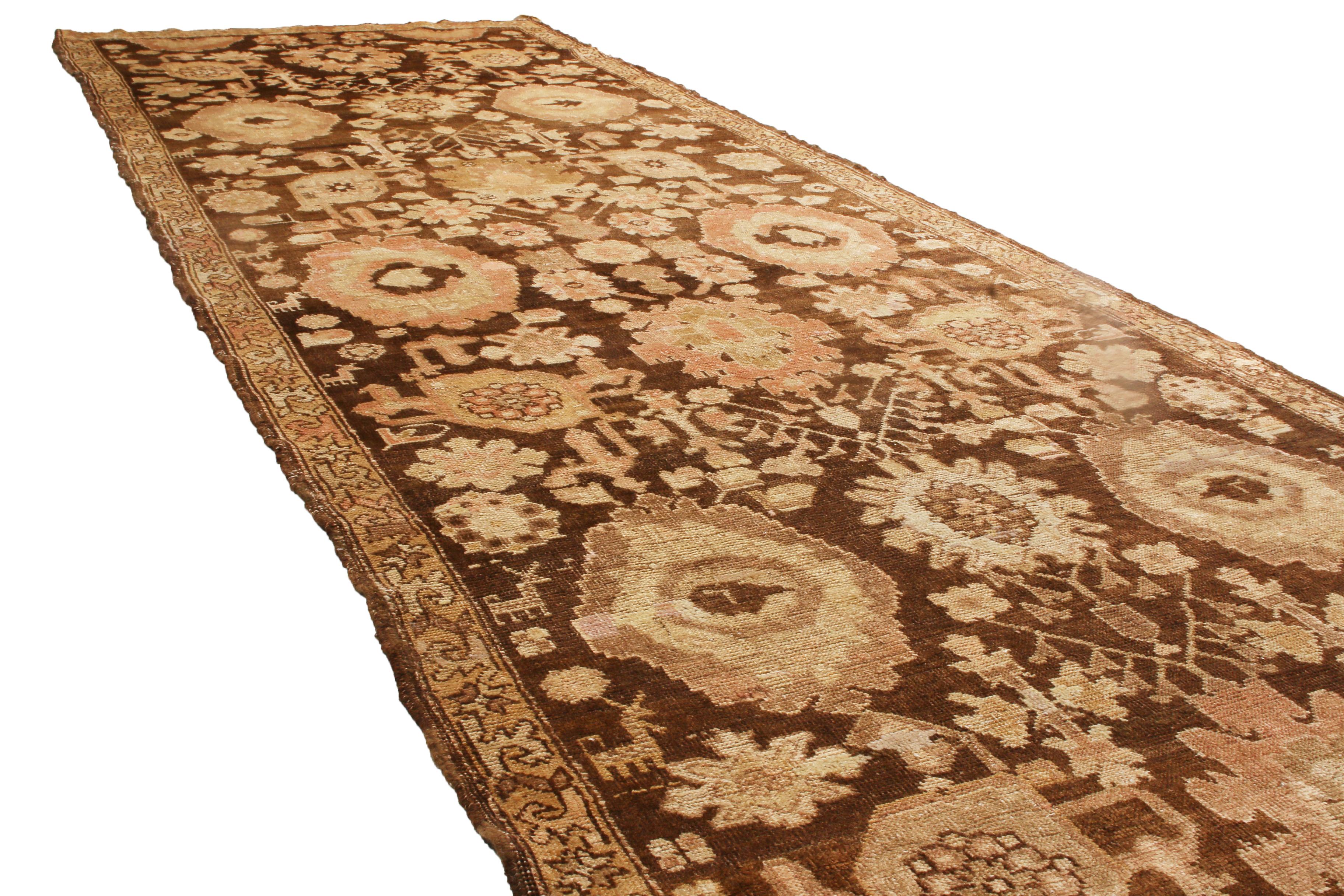 Hand-Knotted Antique Karabagh Brown and Beige Geometric-Floral Wool Runner