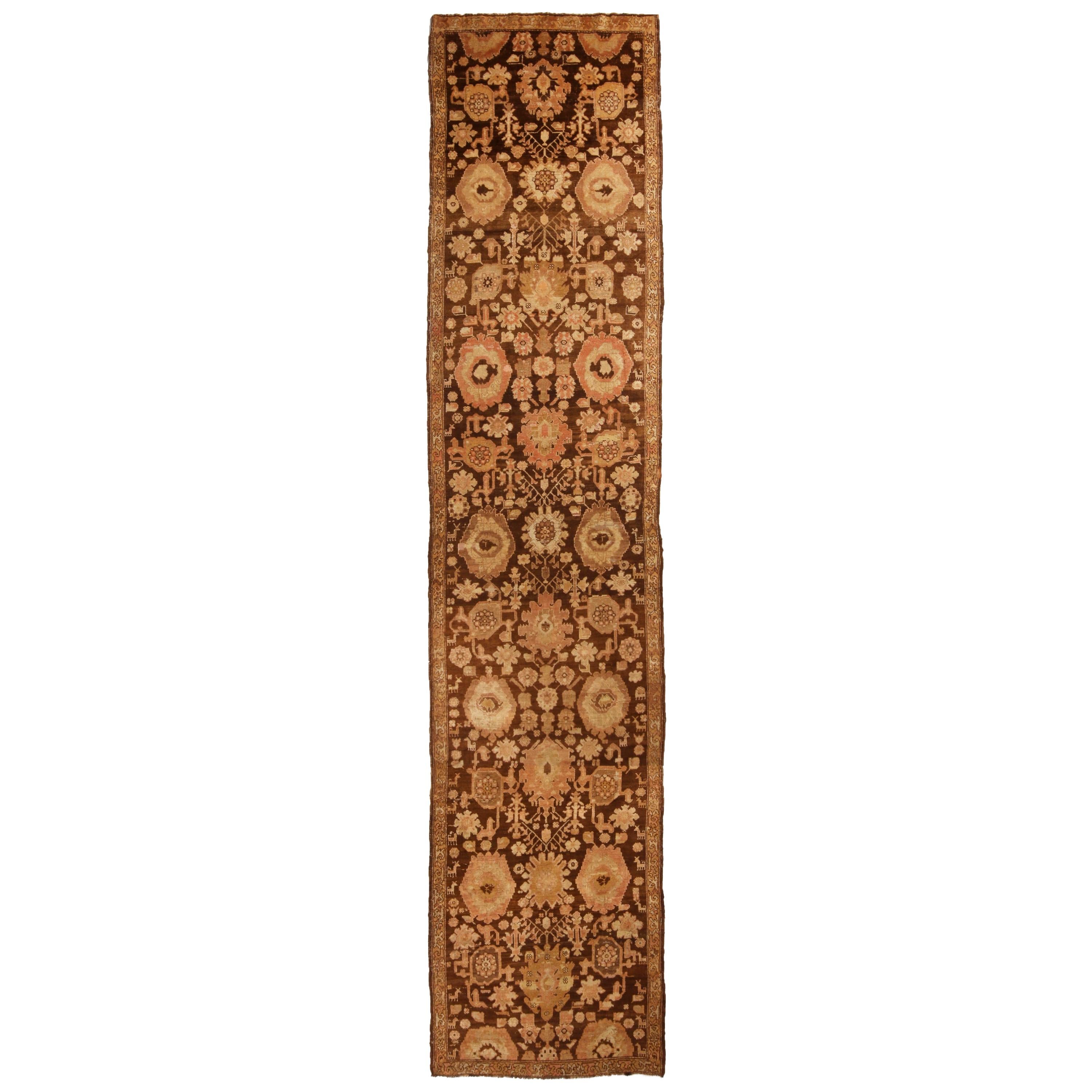 Antique Karabagh Brown and Beige Geometric-Floral Wool Runner