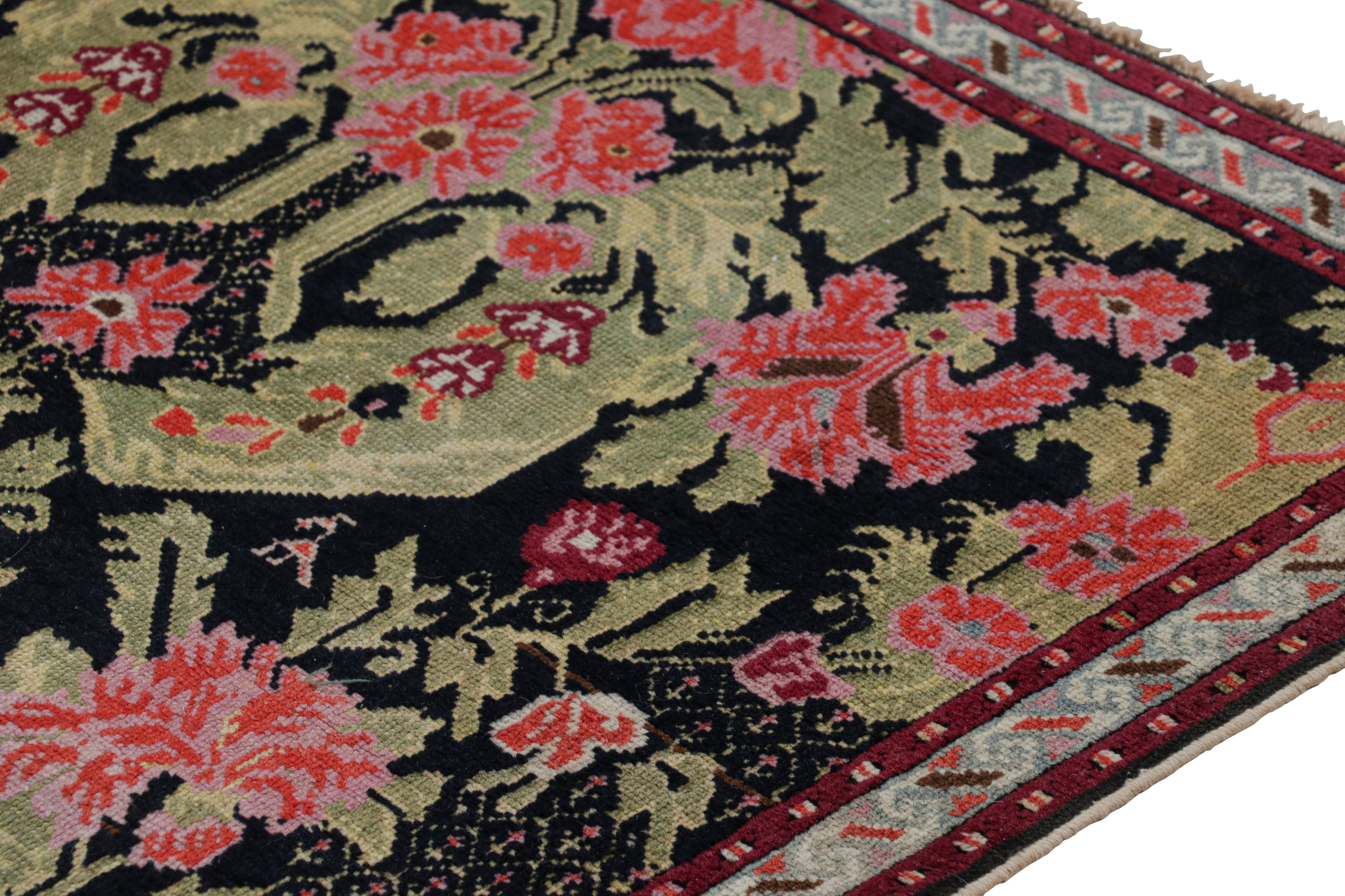 Russian Antique Karabagh Extra-Long Runner Rug in Black with Florals - Rug & Kilim For Sale