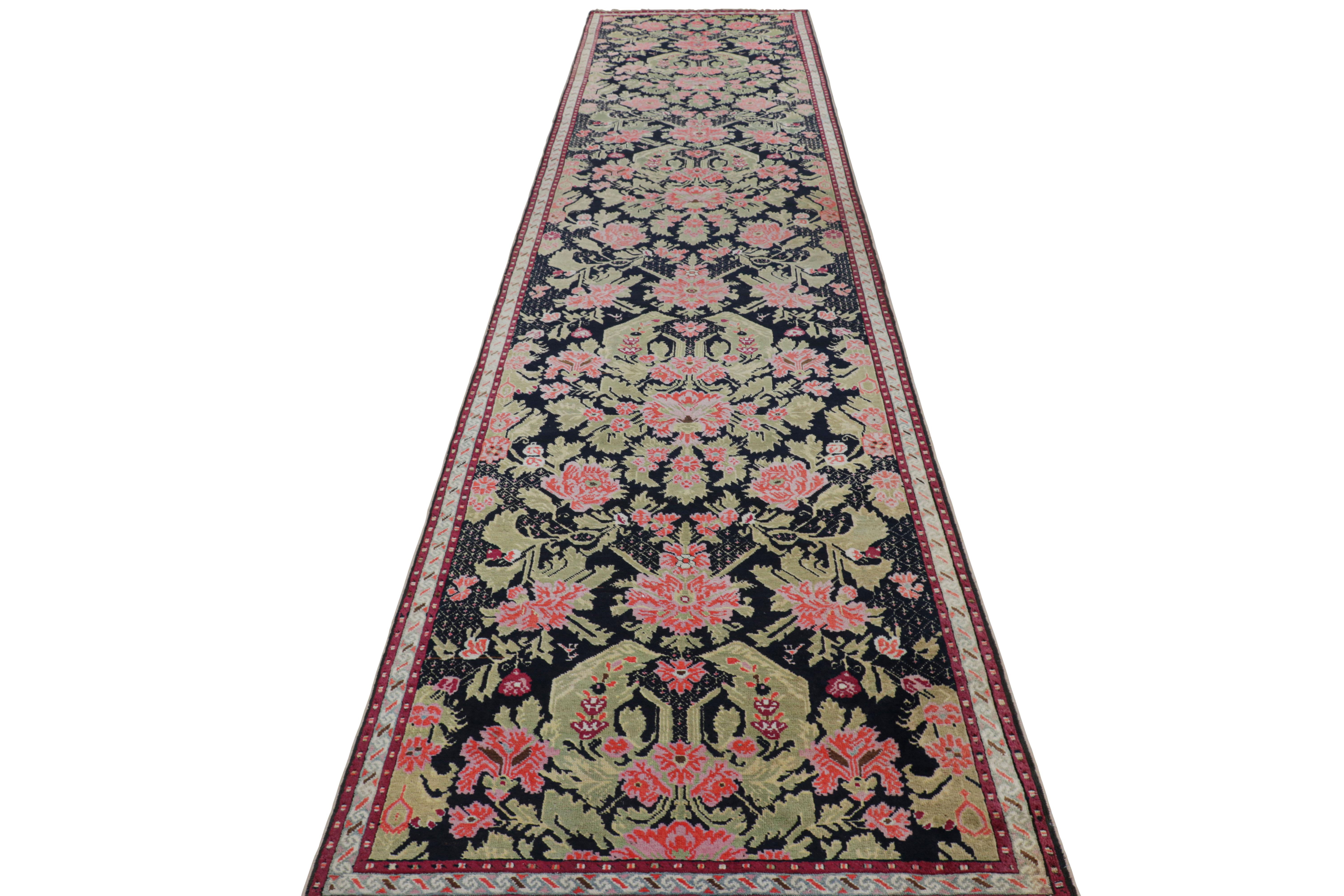 Hand-Knotted Antique Karabagh Extra-Long Runner Rug in Black with Florals - Rug & Kilim For Sale