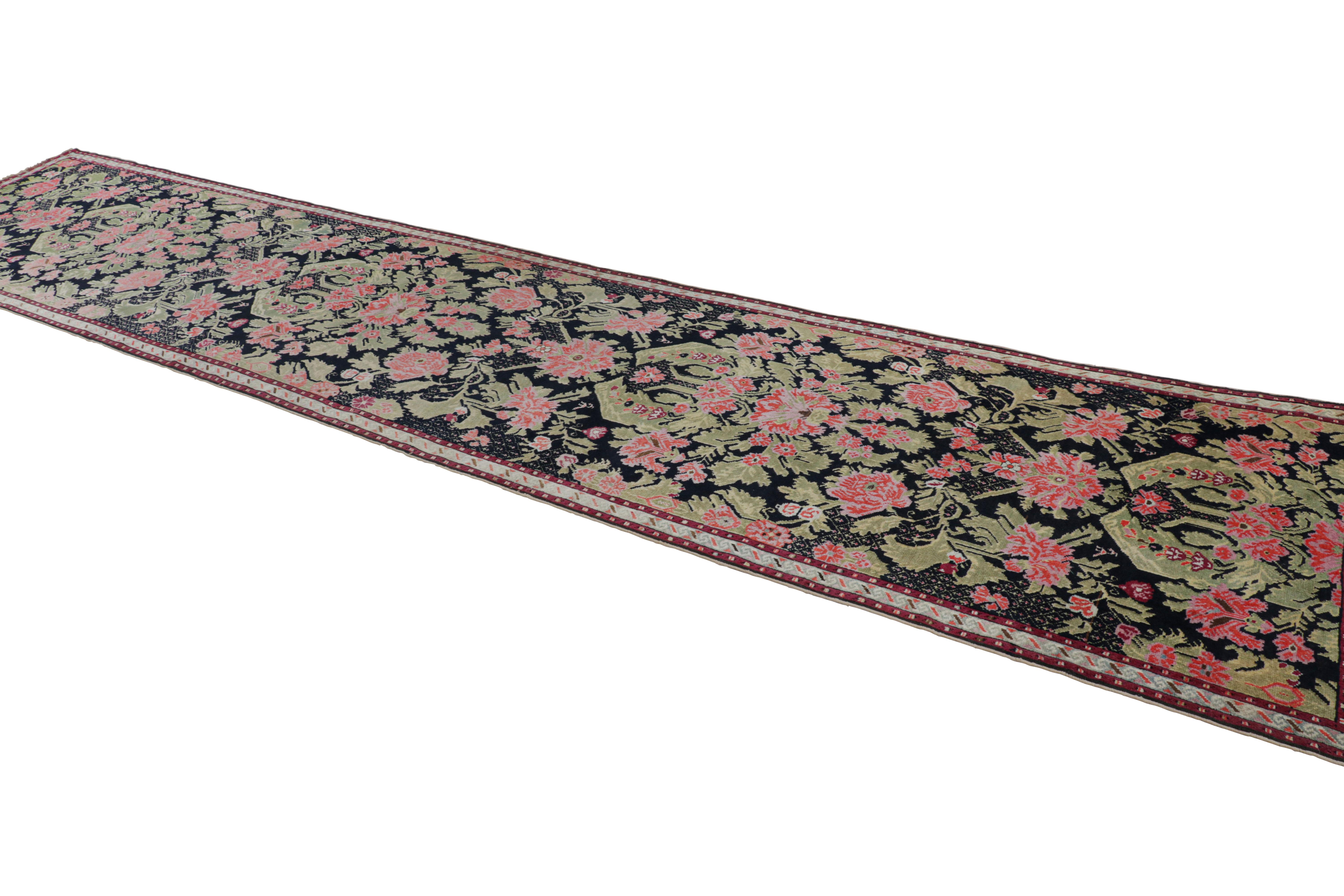 Antique Karabagh Extra-Long Runner Rug in Black with Florals - Rug & Kilim In Good Condition For Sale In Long Island City, NY