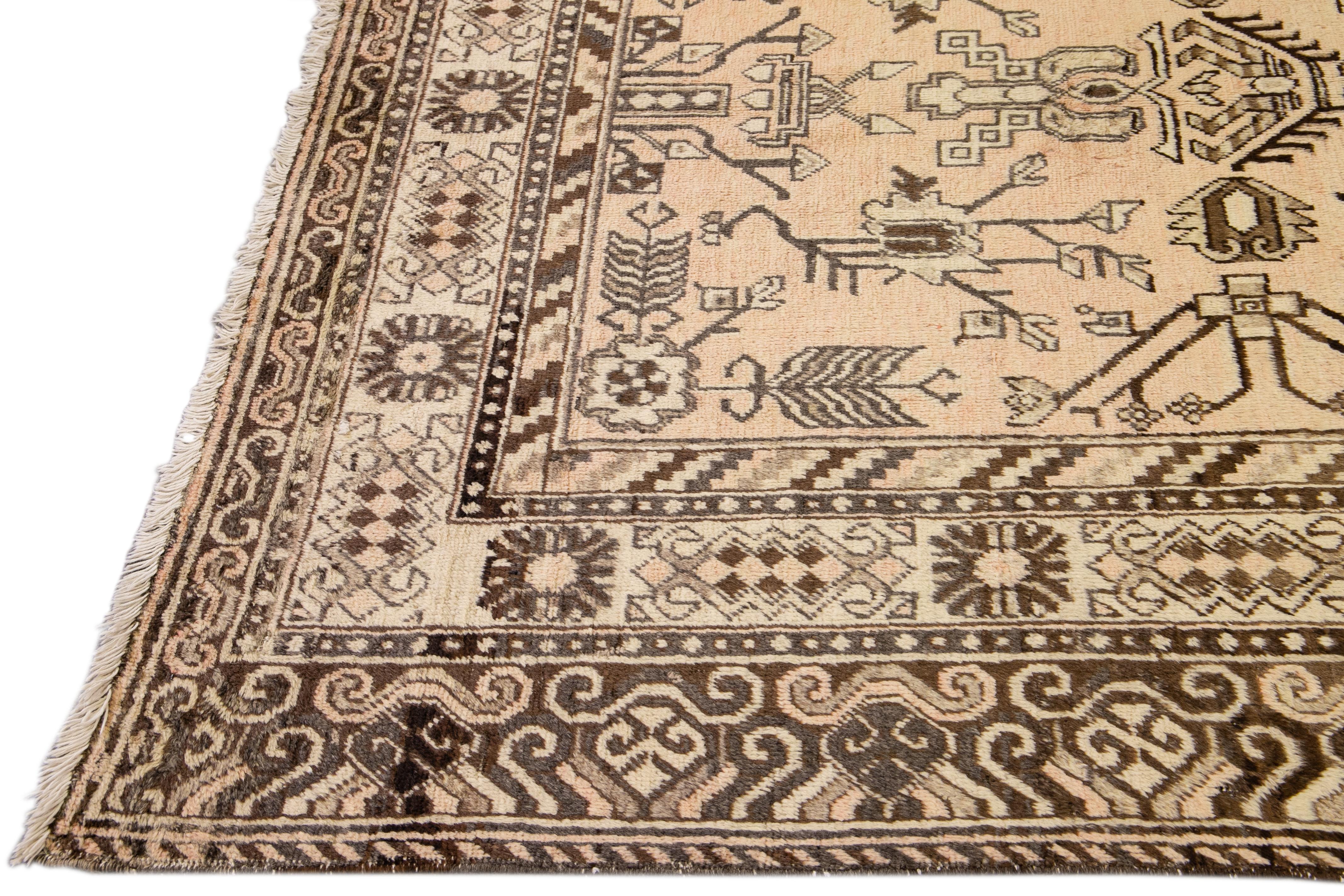 Folk Art Antique Karabagh Handmade Beige Geometric Wool Rug For Sale