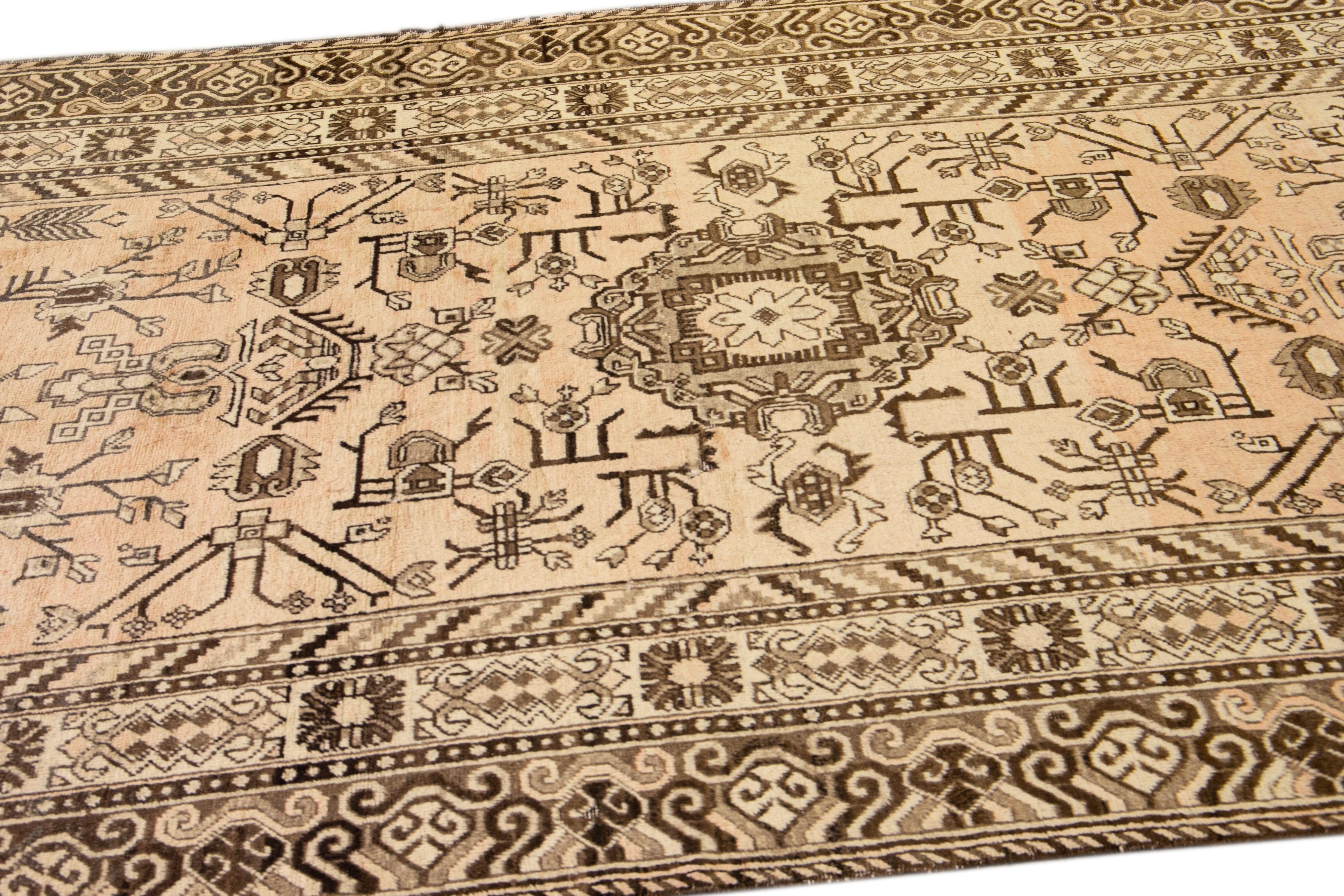 Azerbaijani Antique Karabagh Handmade Beige Geometric Wool Rug For Sale