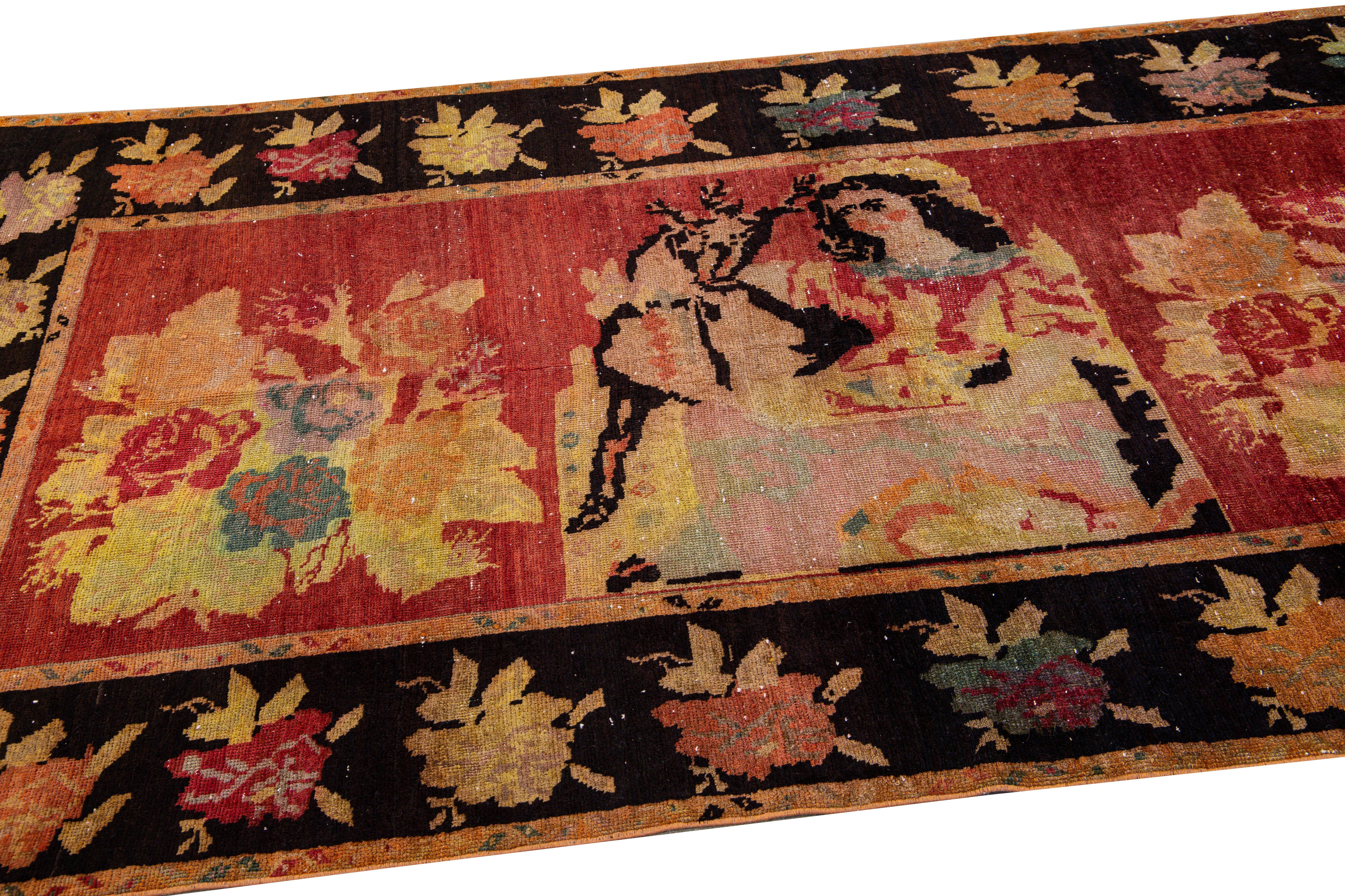 20th Century Antique Karabagh Handmade Pictorial Designed Red Wool Runner For Sale