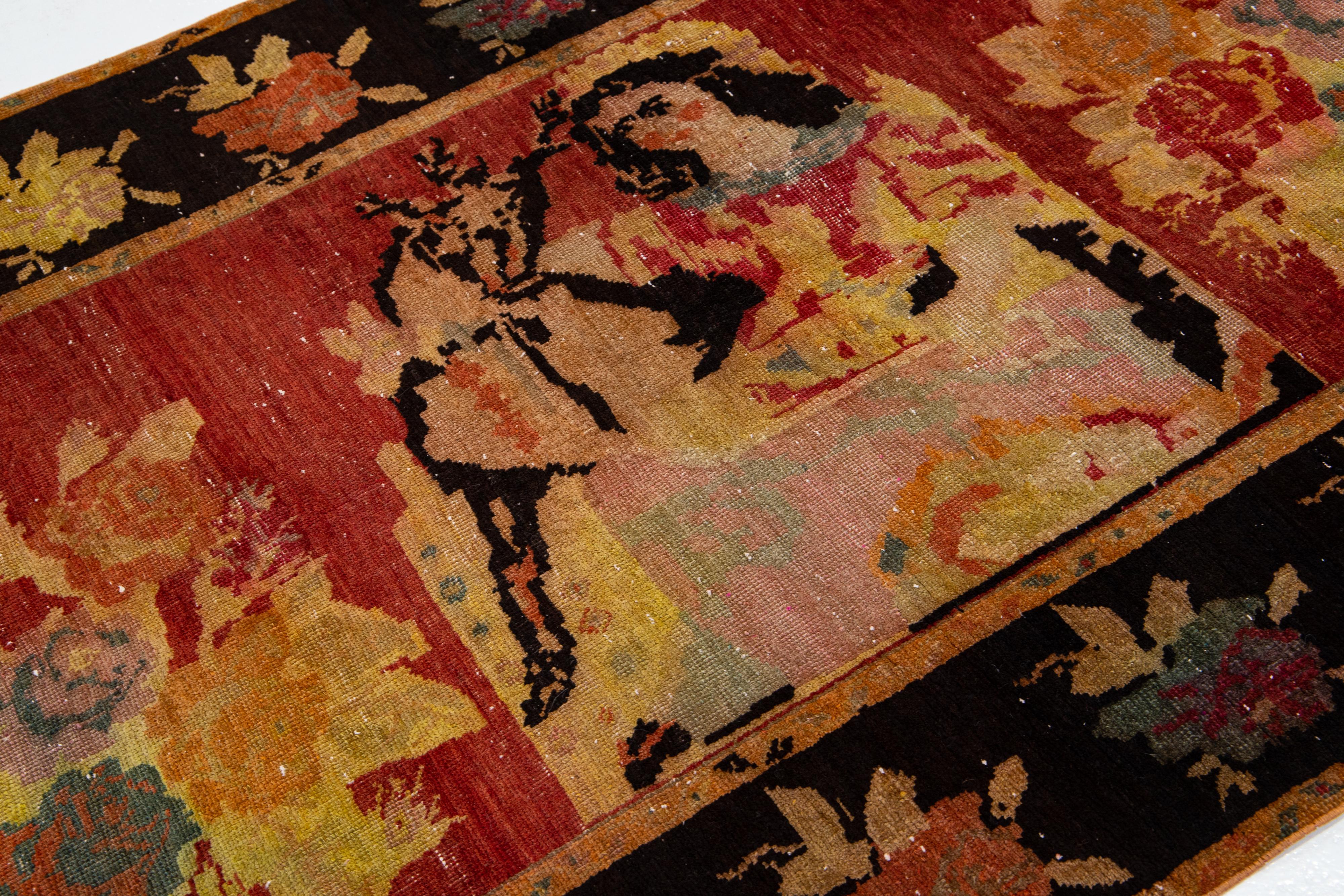 Antique Karabagh Handmade Pictorial Designed Red Wool Runner For Sale 3