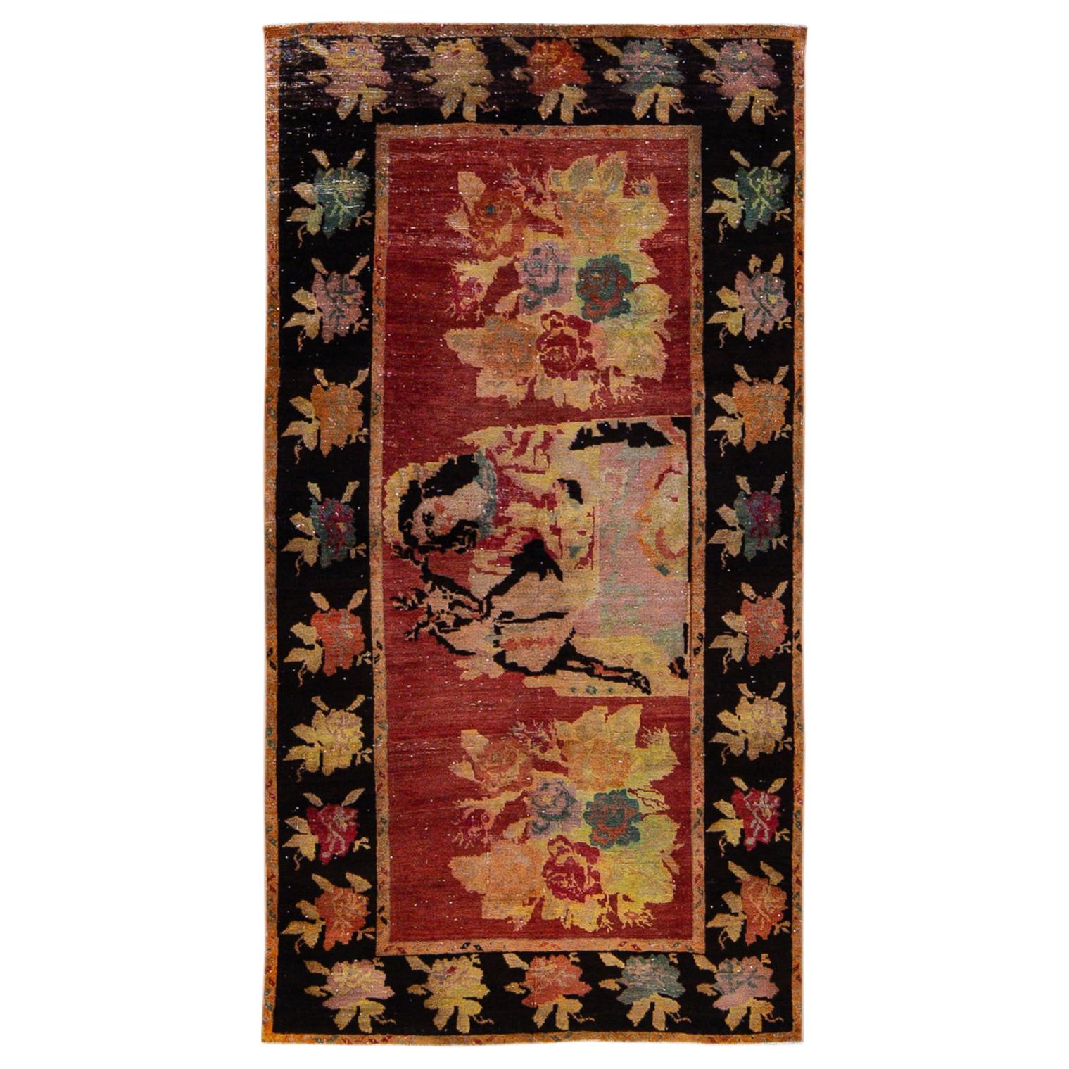 Antique Karabagh Handmade Pictorial Designed Red Wool Runner For Sale