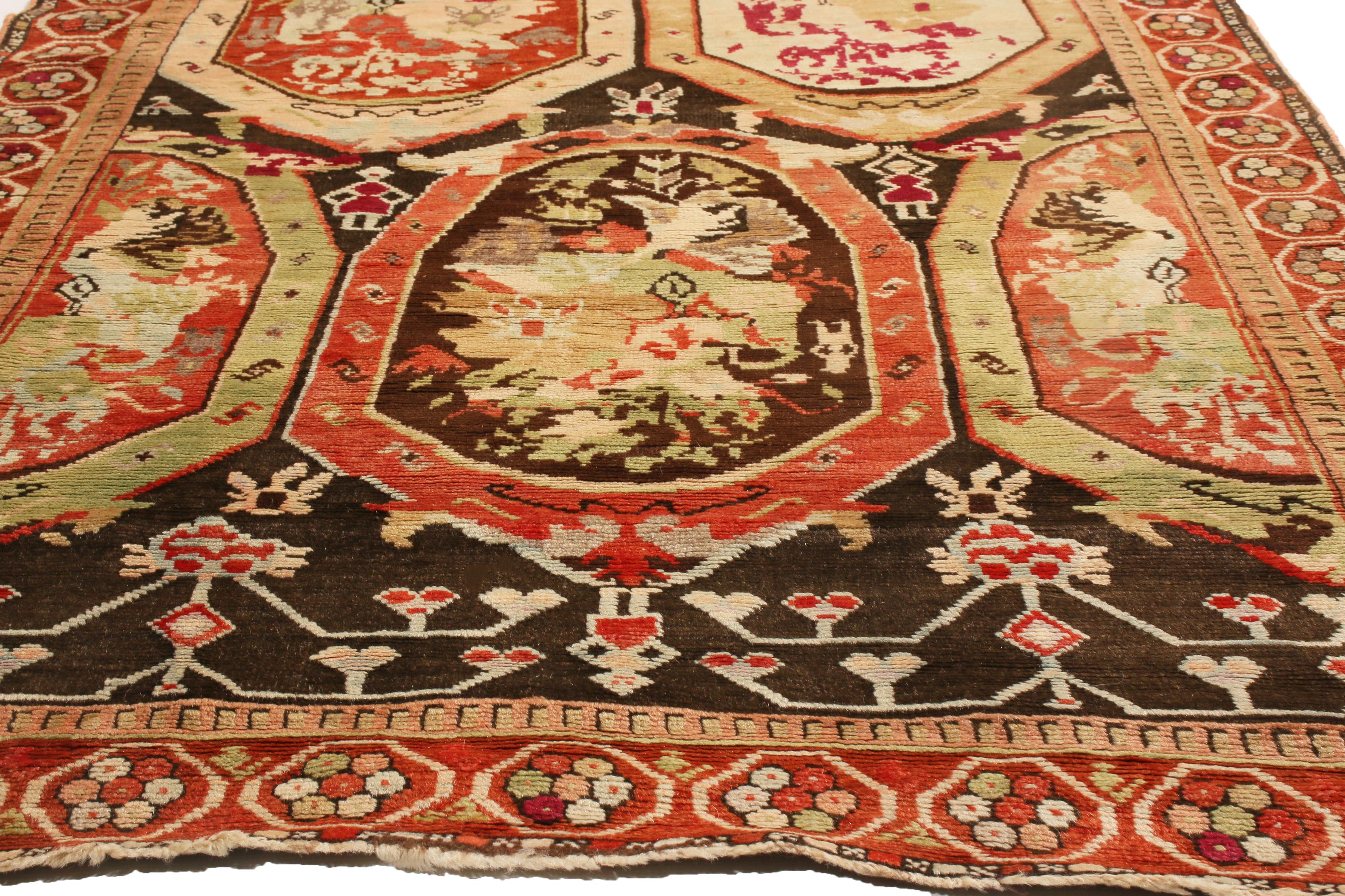 European Antique Karabagh Magenta and Brown Wool Runner Geometric Pattern by Rug & Kilim