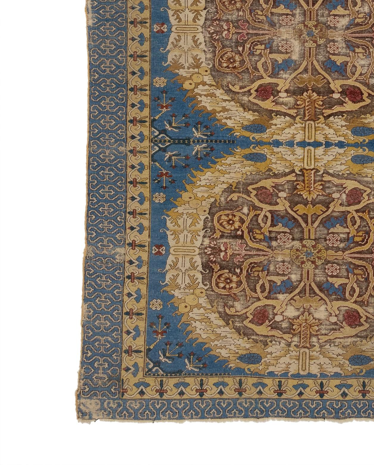 A traditional rug or carpet known as Antique Caucasian Karabagh is believed to have originated in the Karabagh region of the Caucasus Mountains, which spans parts of modern-day Azerbaijan and Armenia. With three big bold medallions, these rugs are