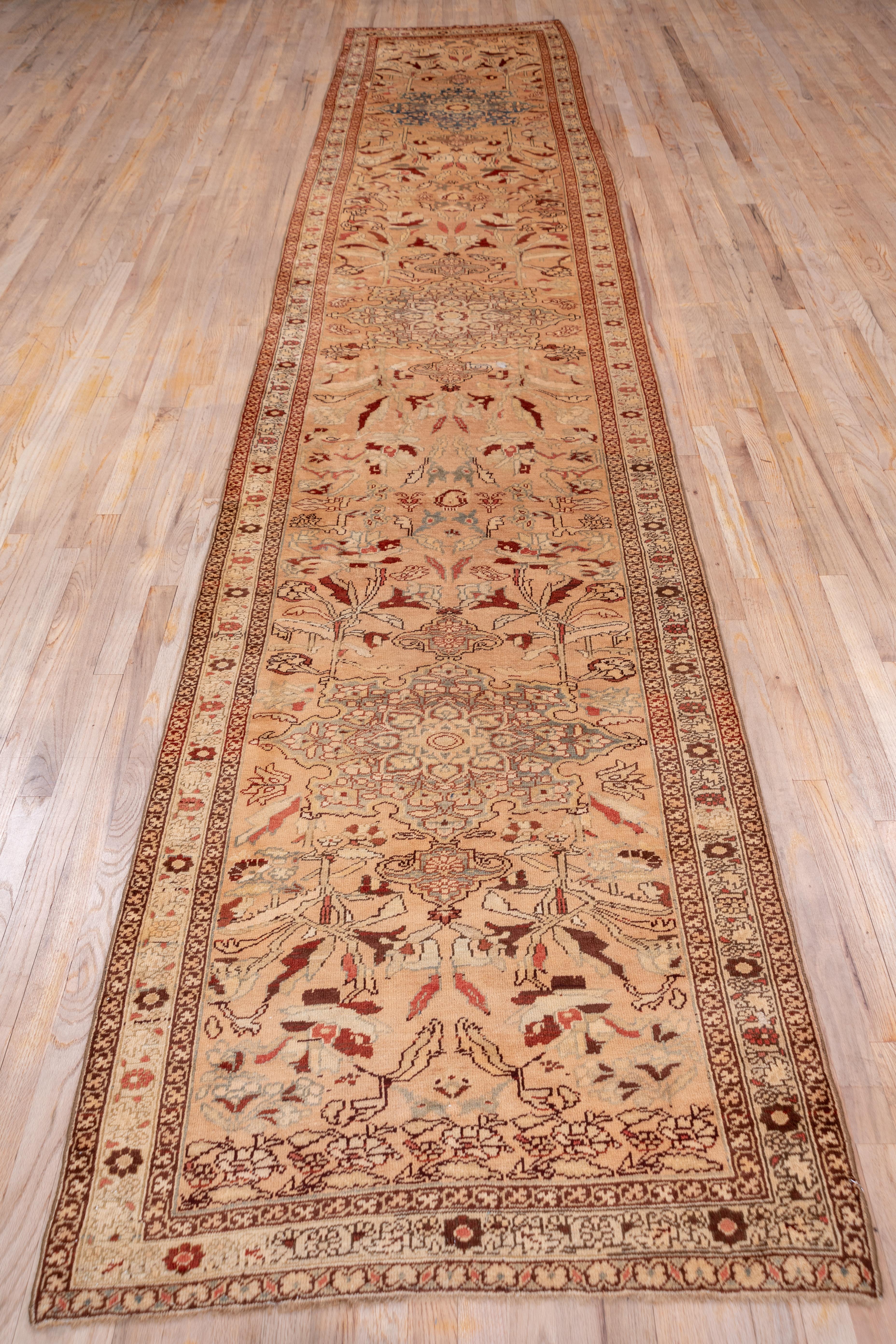 This runner is strictly in the Persian style with three pendanted octofoil medallions sprouting flowering plants. Botehs, carnations, and wavy leaves are detailed in red-brown, black and old ivory on the straw ground. The handle is pliable and the