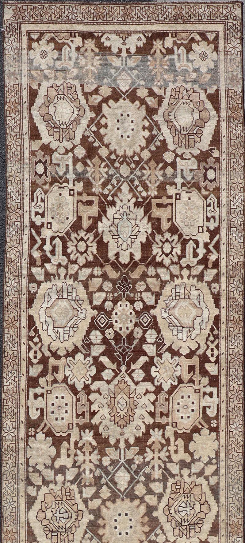 Antique Karabagh Runner with All-Over Floral Medallion Design in Brown and Tan For Sale 2