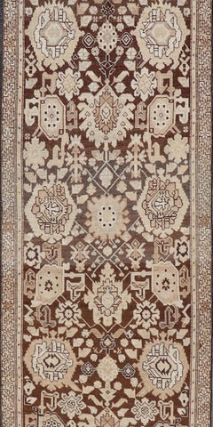 Antique Karabagh Runner with All-Over Floral Medallion Design in Brown and Tan