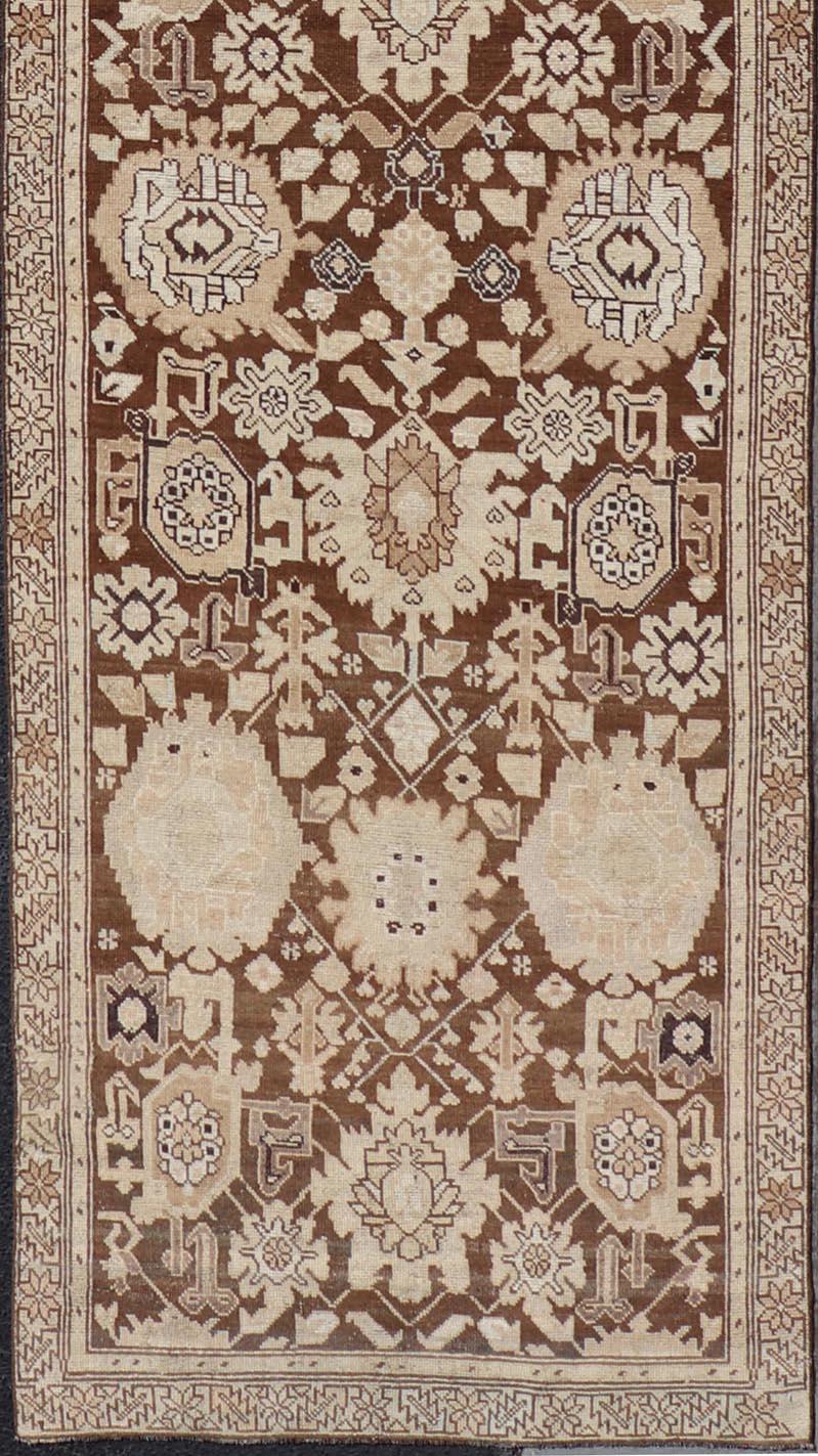 Sultanabad Antique Karabagh Runner with All-Over Floral Medallion Design in Brown and Tan For Sale