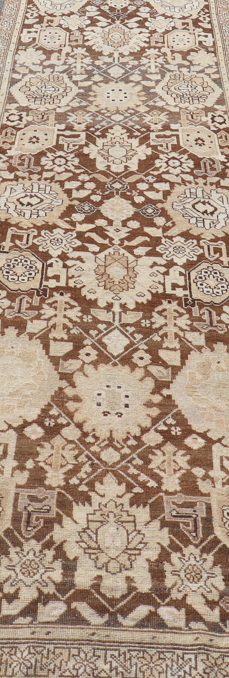 Caucasian Antique Karabagh Runner with All-Over Floral Medallion Design in Brown and Tan For Sale