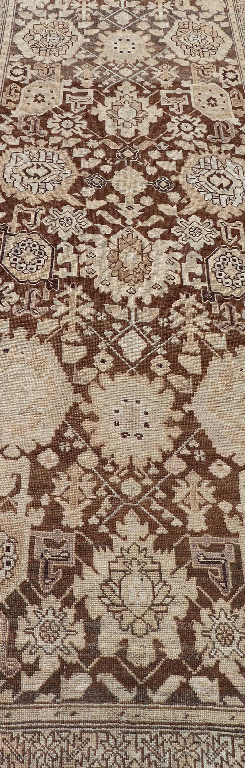 Hand-Knotted Antique Karabagh Runner with All-Over Floral Medallion Design in Brown and Tan For Sale
