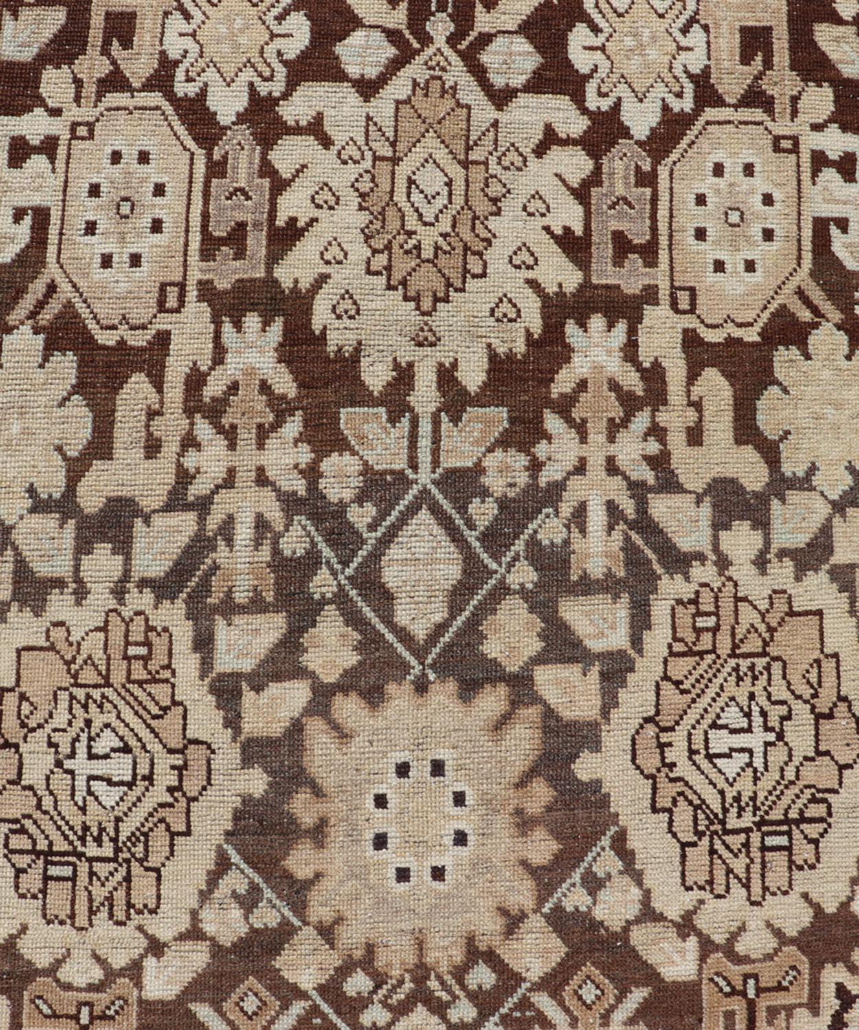 Antique Karabagh Runner with All-Over Floral Medallion Design in Brown and Tan In Good Condition For Sale In Atlanta, GA