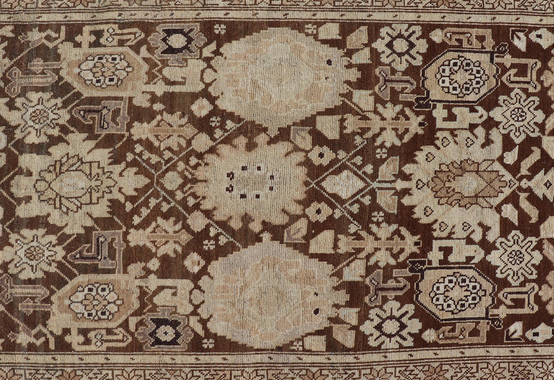 20th Century Antique Karabagh Runner with All-Over Floral Medallion Design in Brown and Tan For Sale