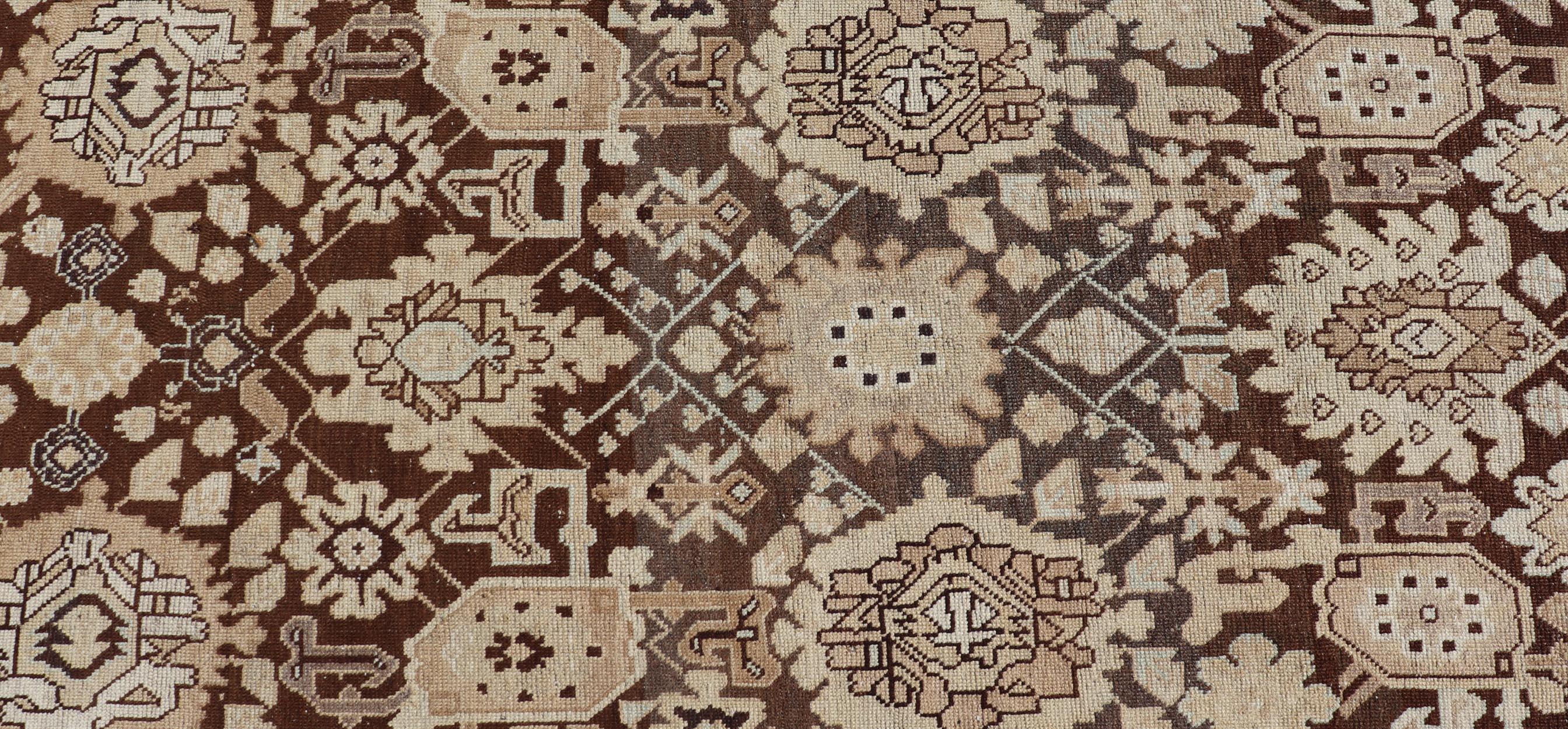Wool Antique Karabagh Runner with All-Over Floral Medallion Design in Brown and Tan For Sale