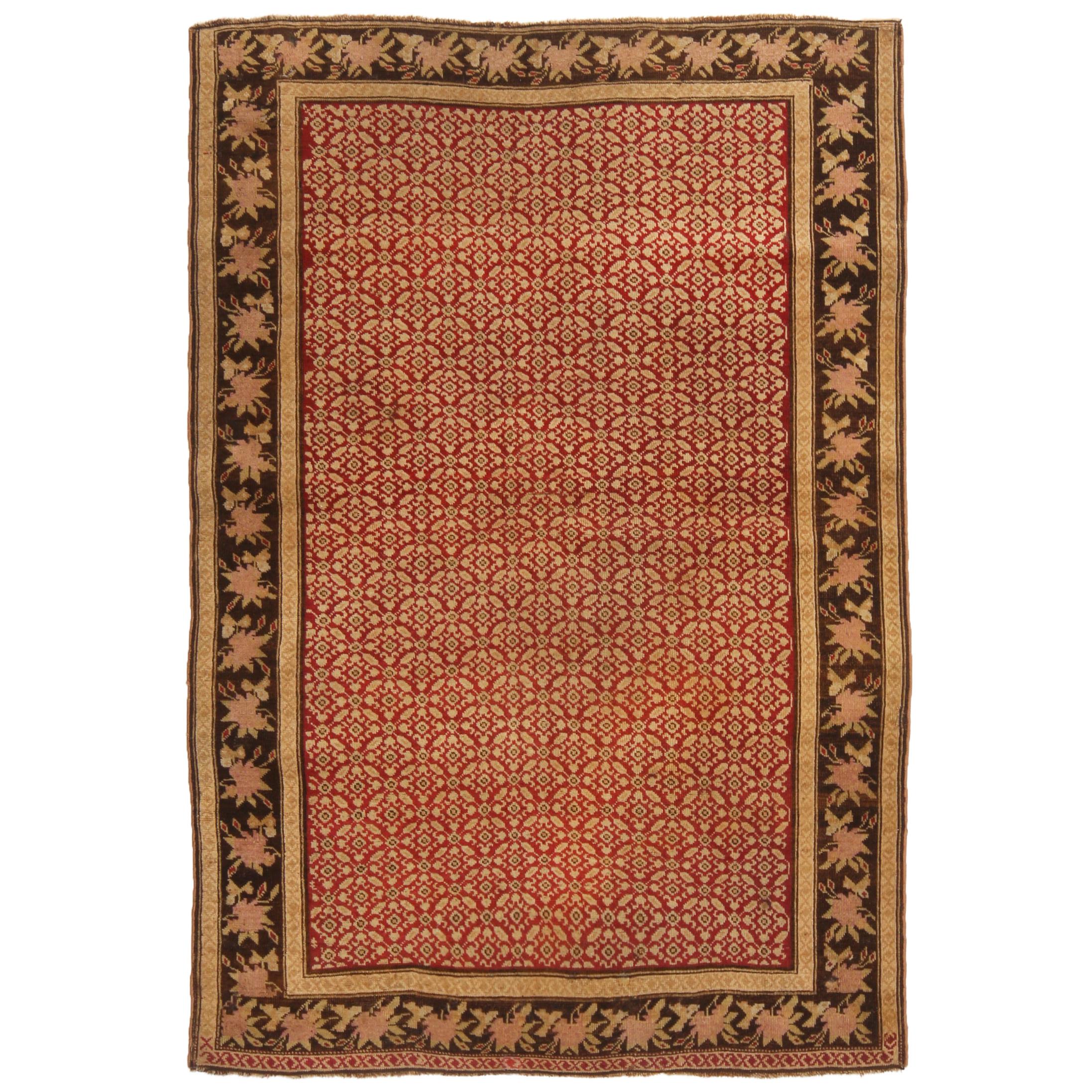 Antique Karabagh Traditional Red and Golden Beige Wool Rug