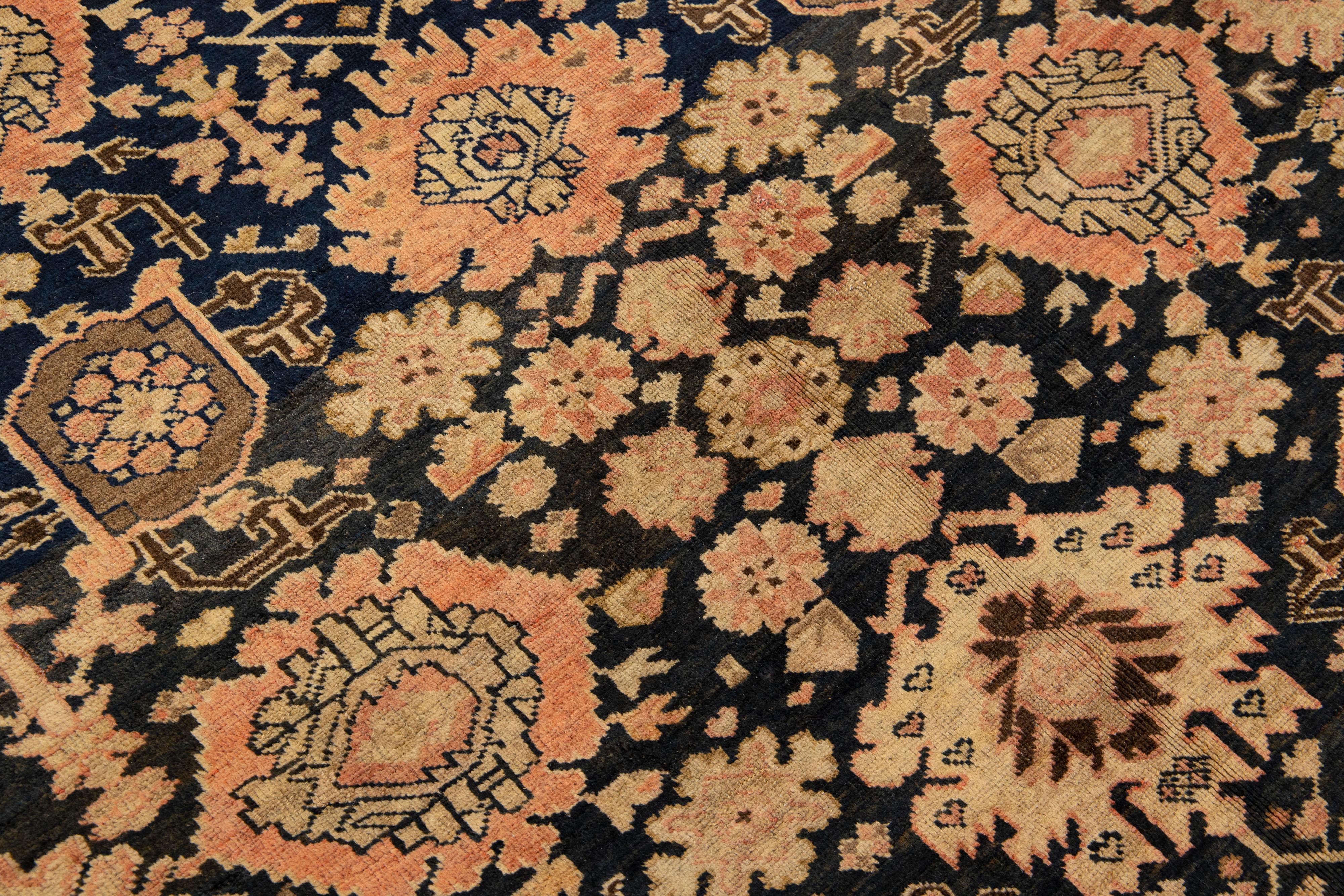 Islamic Antique Karabakh Handmade Floral Wool Runner with Dark Blue Field For Sale