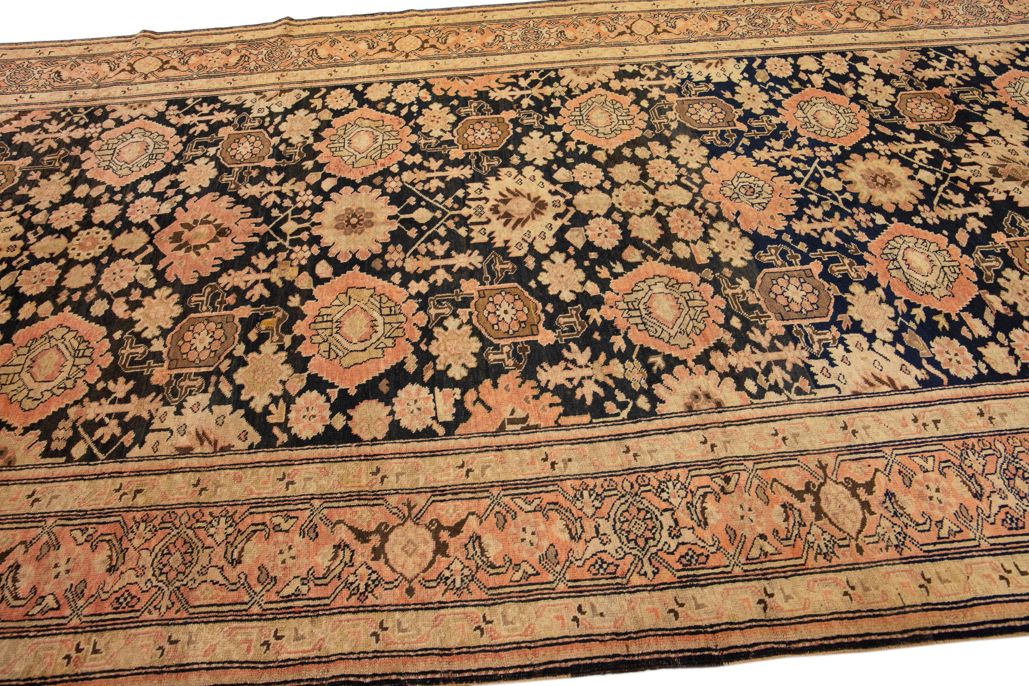 Turkish Antique Karabakh Handmade Floral Wool Runner with Dark Blue Field For Sale