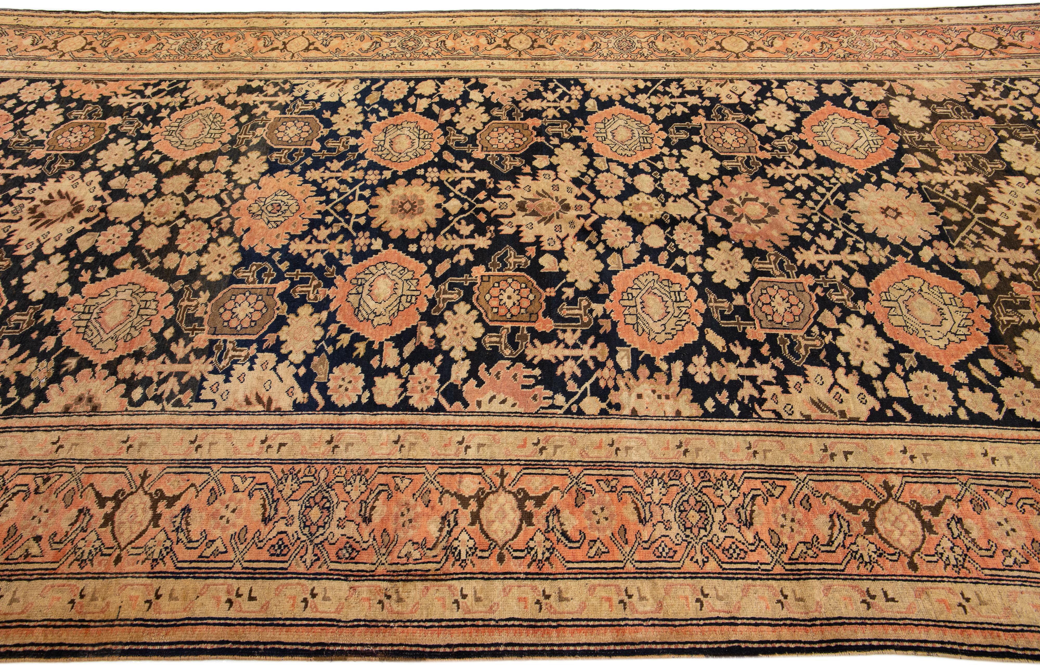 Hand-Knotted Antique Karabakh Handmade Floral Wool Runner with Dark Blue Field For Sale