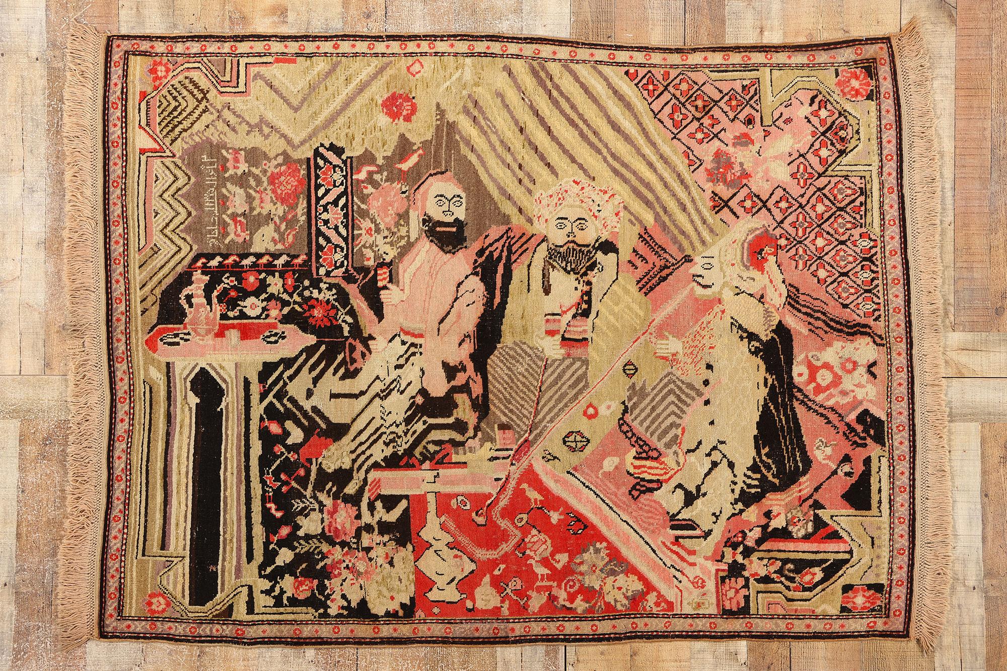 Antique Karabakh Pictorial Rug, King & Court Persian Tableau Carpet For Sale 2