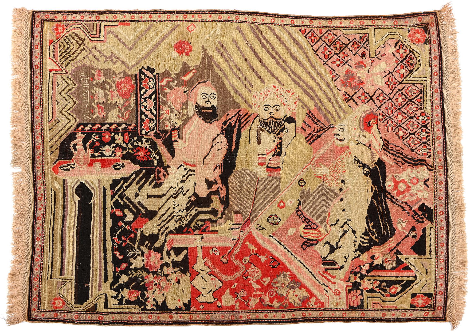 Antique Karabakh Pictorial Rug, King & Court Persian Tableau Carpet For Sale 3