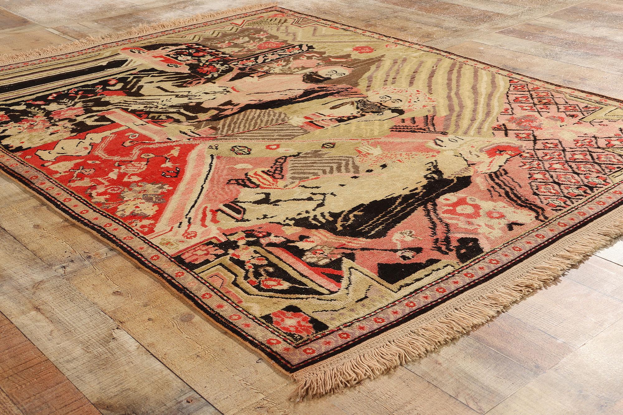 Wool Antique Karabakh Pictorial Rug, King & Court Persian Tableau Carpet For Sale