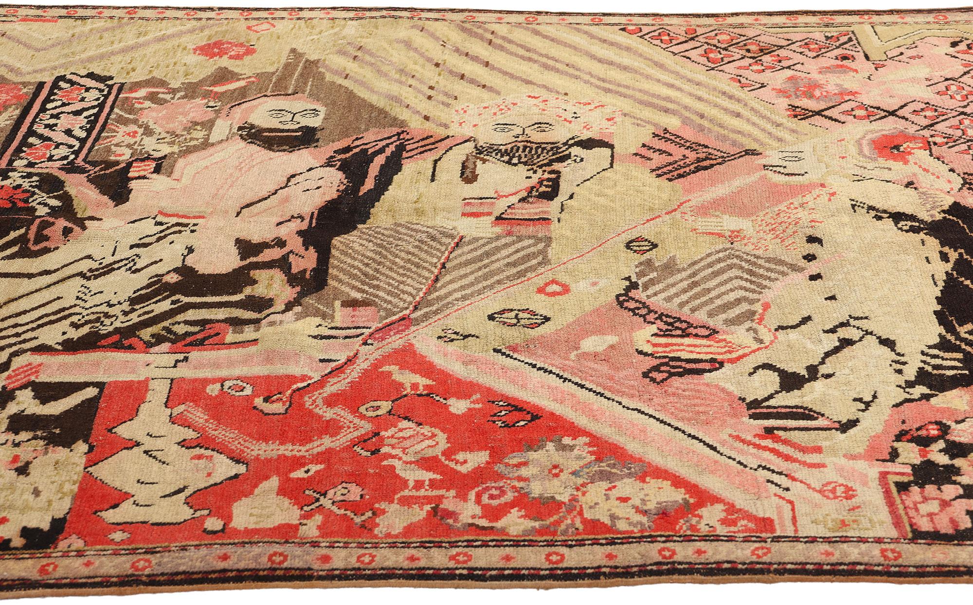 Kashan Antique Karabakh Pictorial Rug, King & Court Persian Tableau Carpet For Sale
