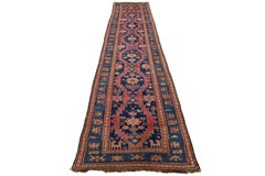 Antique Karabagh Wool Runner In Blue and Red Designed with Tribal Pattern